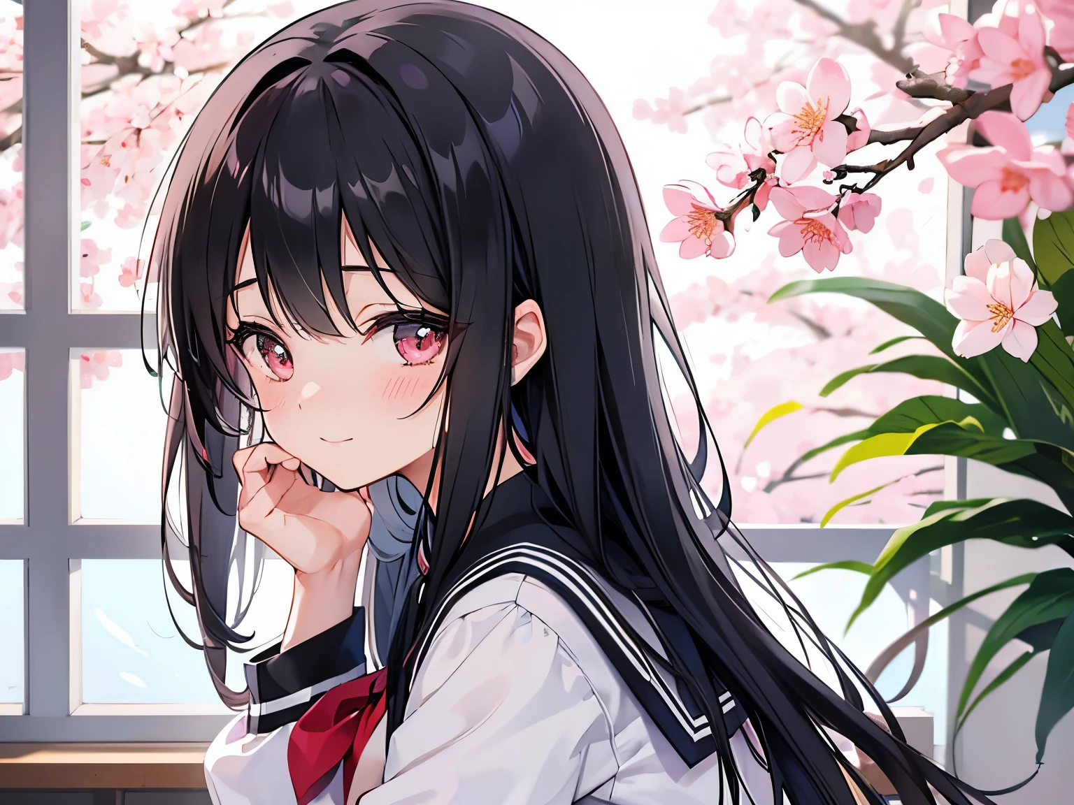 Sweet love, admiration, girl longing for, daily life, lost in thought, all-back hair, high school girl, love, girl with a boy she likes, youth, spring, cherry blossoms outside the window, snowstorm of cherry blossoms, resting her chin on her cheek and thinking, imagination, smile, black hair, cute girl, blushing, depth of field, cute uniform, humming