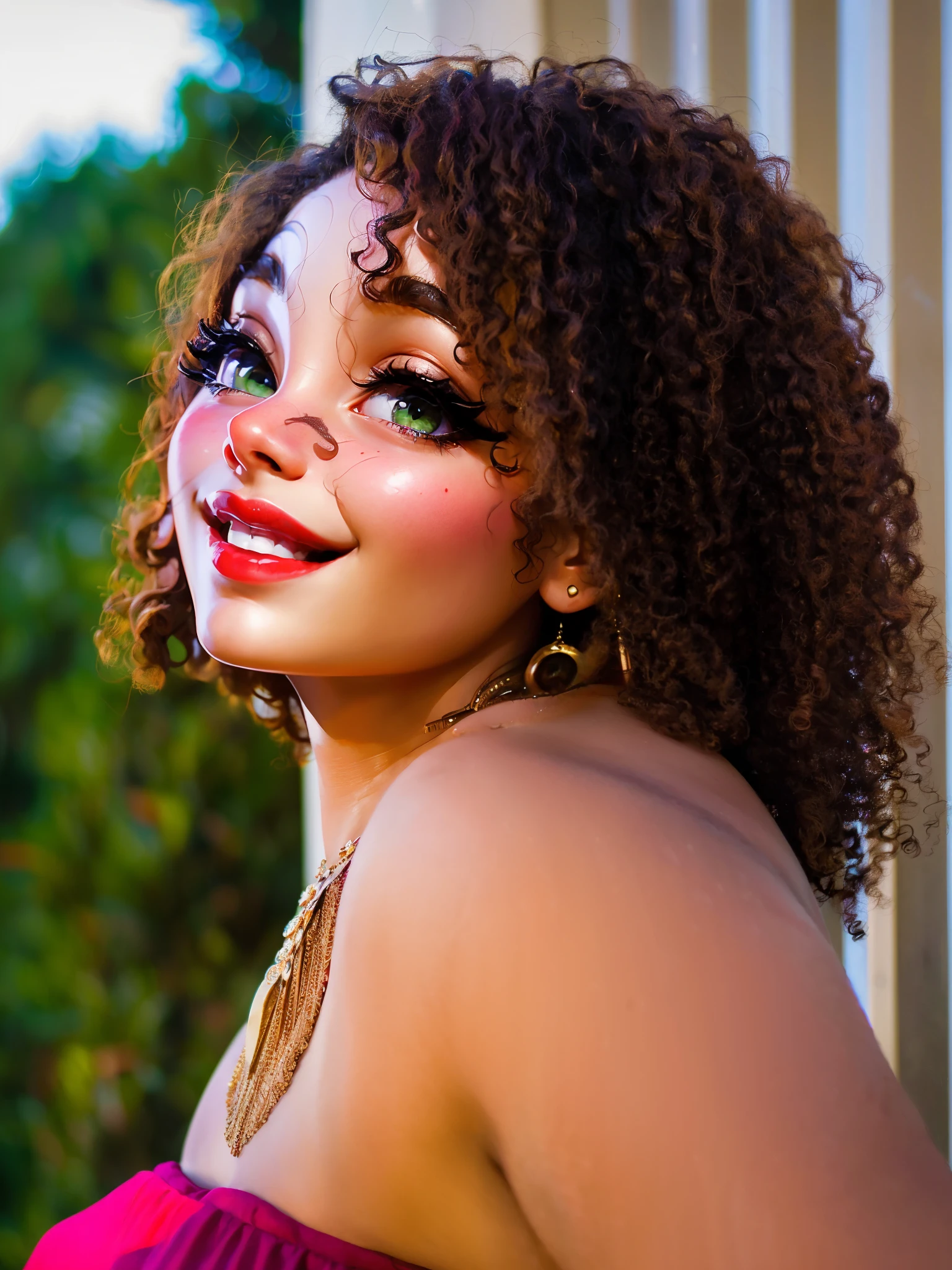 smiling woman with curly hair and bright red lipstick in a pink dress, big eyes, Disney character, smiling, green eyes, portrait image, profile shot, glamour shot, cheeky smile with red lips, detailed portrait shot, profile portrait, malika favre, portrait sabrina lloyd, profile image, beautifully lit, 3 / 4 view portrait, kezie demessance, close up half body shot, photo shoot, (highly detailed face:1.4) (smile:0.7) (background inside dark, moody, private study:1.3) POV, by lee jeffries, nikon d850, film stock photograph ,4 kodak portra 400 ,camera f1.6 lens ,rich colors ,hyper realistic ,lifelike texture, dramatic lighting , cinestill 800