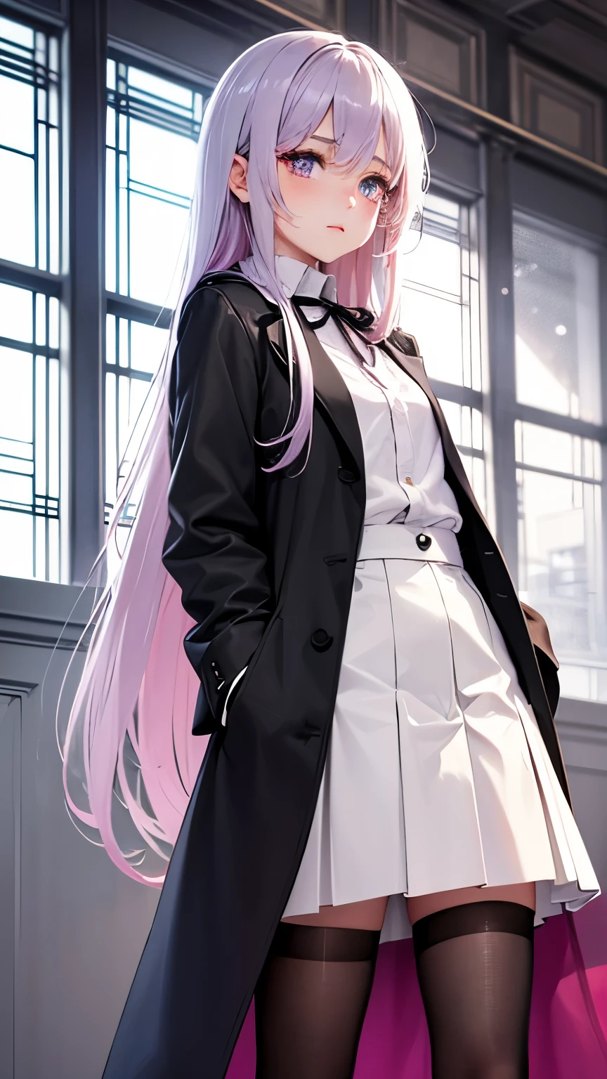 Adult girl, long slate hair color with white strands mixed with magenta at the edge, lavender eyes, modern clothes, masterpiece, high quality, flat expression, shedding tears, modern winter clothes, long coat, skirt, stockings, side shot, looking down, sharp eyes, independen girl