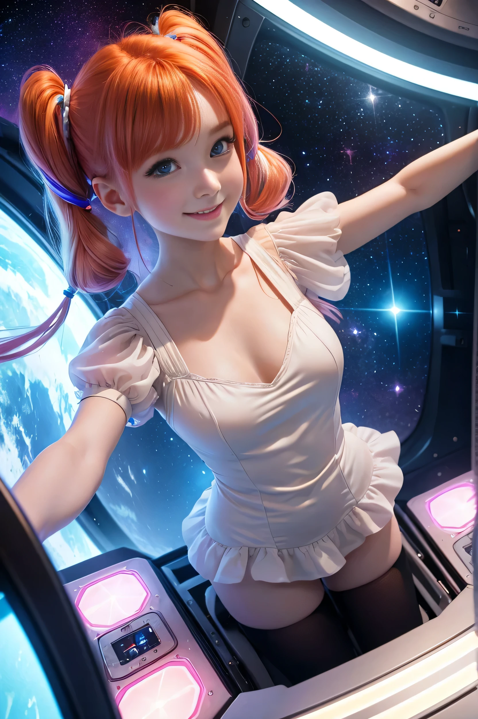 (overhead view) Cute redhead with rainbow colored hair tips, ribbons in her hair, 18-year-old woman, happy, smiling, in twin tails, perfect eyes, clear sparkling blue eyes, pale skin, silky smooth white skin, alabaster skin, flying a fancy metal luxurious space ship, futuristic cockpit, she's a pilot, outer space seen in windows, dark warm lighting, wearing a futuristic party dress, low cut top, pleated (chemise) mini dress (pastel rainbow colors, and polka dots), puffy sleeves, silk, pantyhose, cute short cut booties, boots.