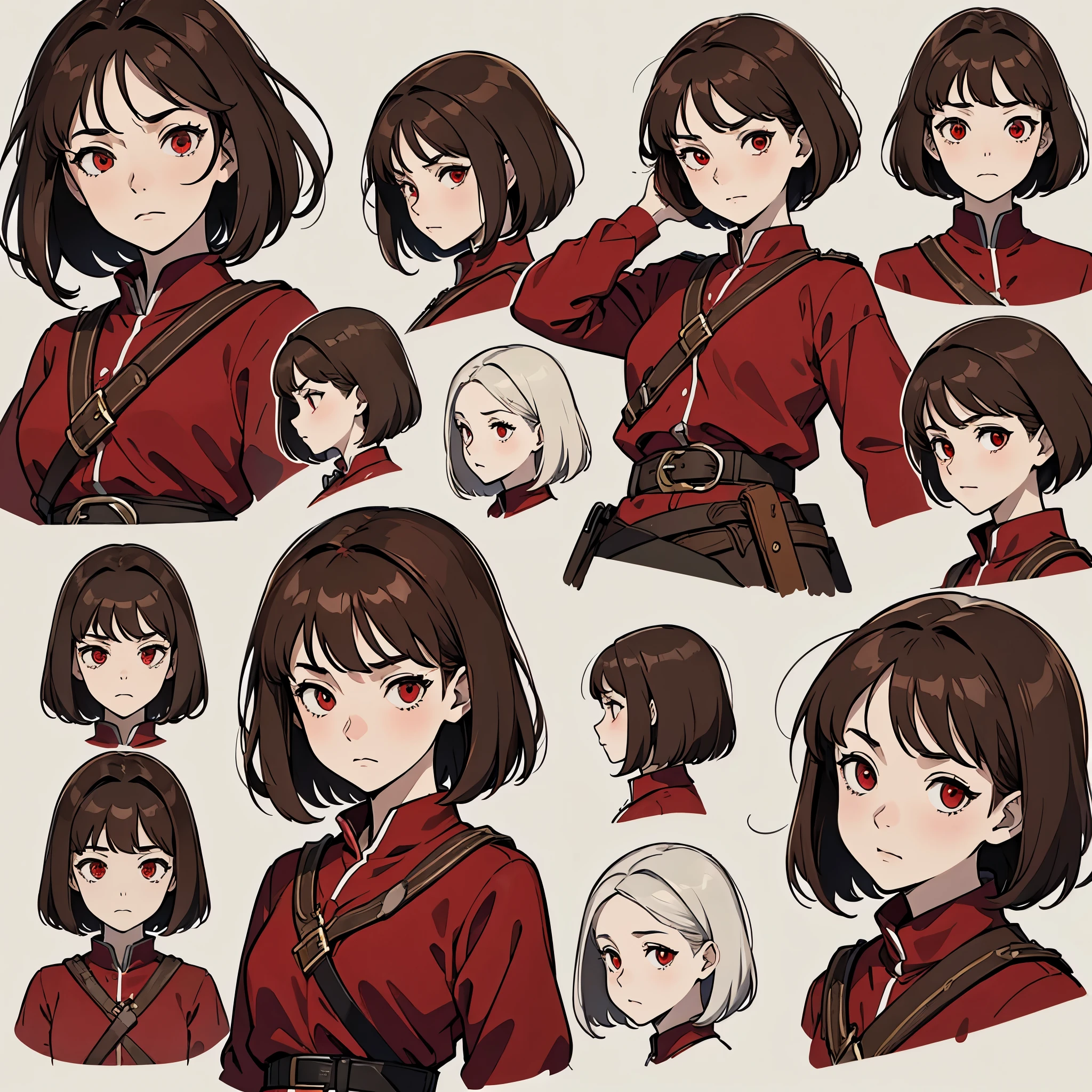 ((expressions sheet)), (simplified face portrait), (headshot) (sketch art), (masterpiece, sidelighting, finely detailed red eyes: 1.2), anime, solo, 1girl, small girl, childish body, unsatisfied expression, bored, pale skin, short brown hair, messy haircut, (fantasy medieval clothes)), (red shirt), ((belts on clothes)),