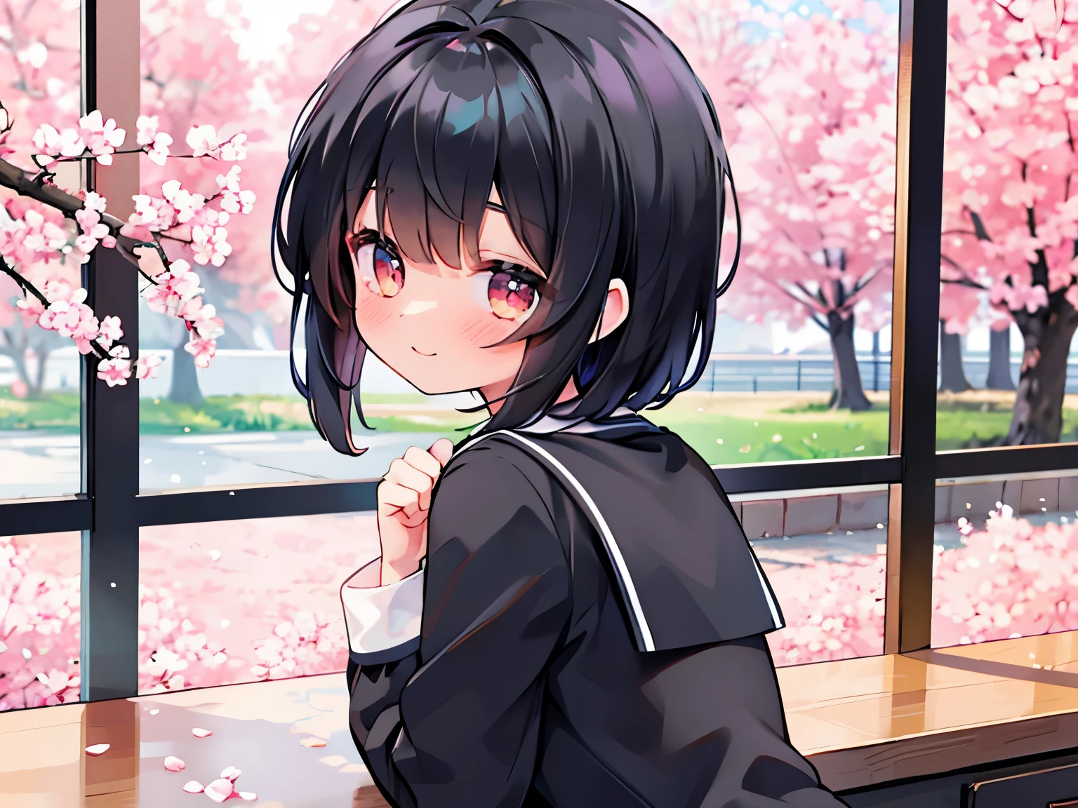 Sweet love, admiration, girl longing for, daily life, lost in thought, all-back hair, high school girl, love, girl with a boy she likes, youth, spring, cherry blossoms outside the window, snowstorm of cherry blossoms, resting her chin on her cheek and thinking, imagination, smile, black hair, cute girl, blushing, depth of field, cute uniform, humming