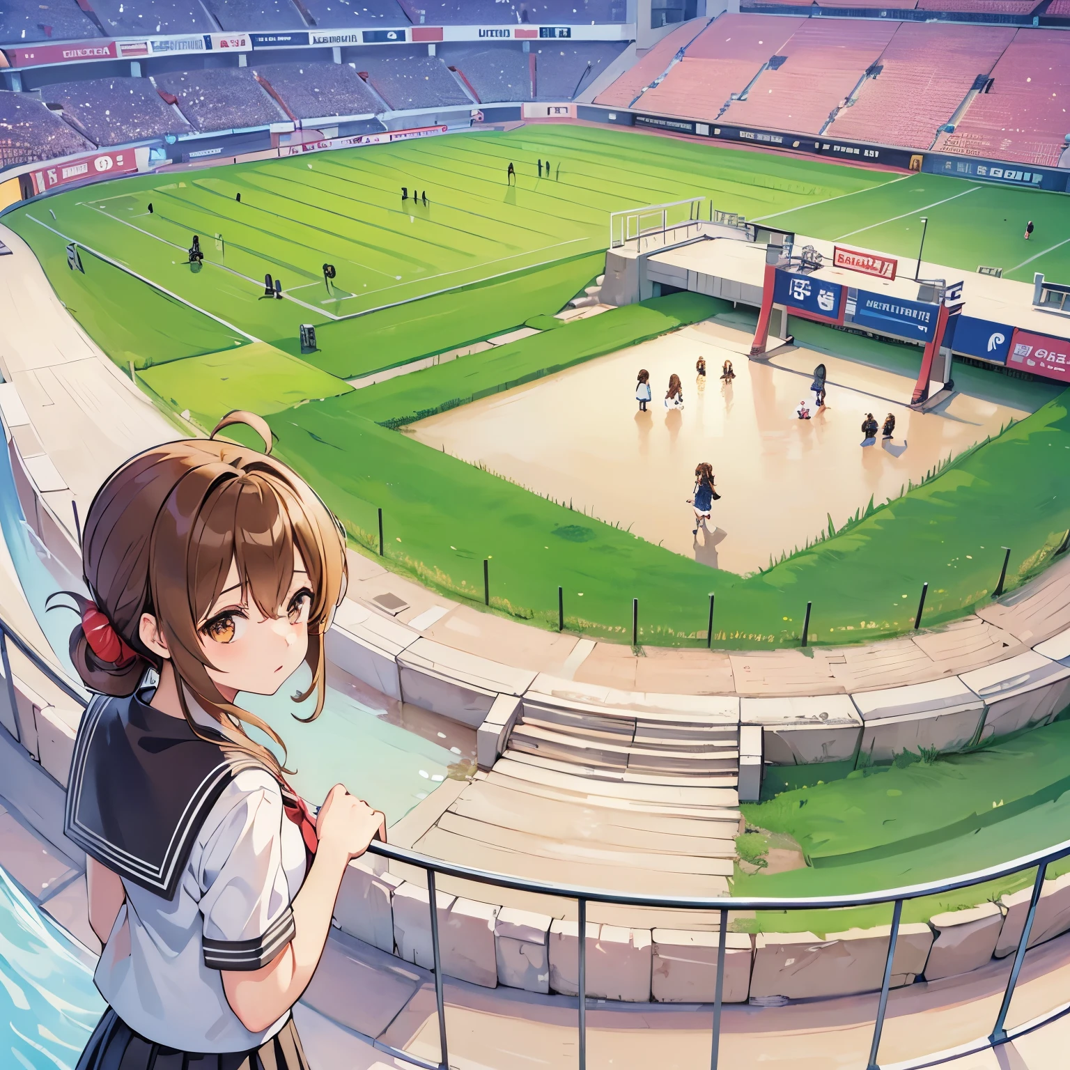 (masterpiece, best quality:1.2),illustration,8k,hd,1girl,solo,upper body,(portrait:1.2),brown_hair,folded_ponytail,brown_eyes,serafuku,long_hair,school_uniform,skirt,pleated_skirt,