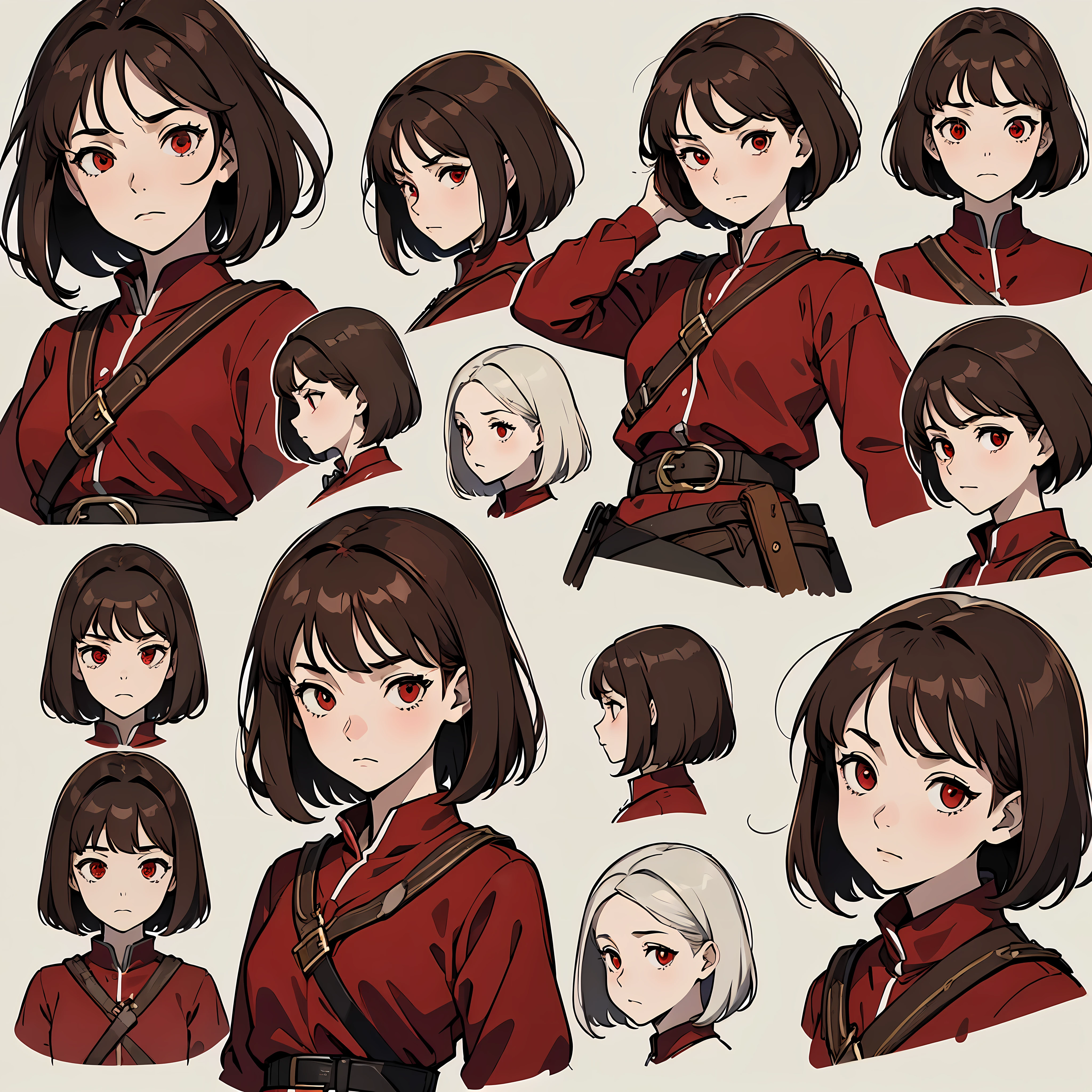 ((expressions sheet)), (simplified face portrait), (headshot) (sketch art), (masterpiece, sidelighting, finely detailed red eyes: 1.2), anime, solo, 1girl,  girl, childody, unsatisfied expression, bored, pale skin, short brown hair, messy haircut, (fantasy medieval clothes)), (red shirt), ((belts on clothes)), 
