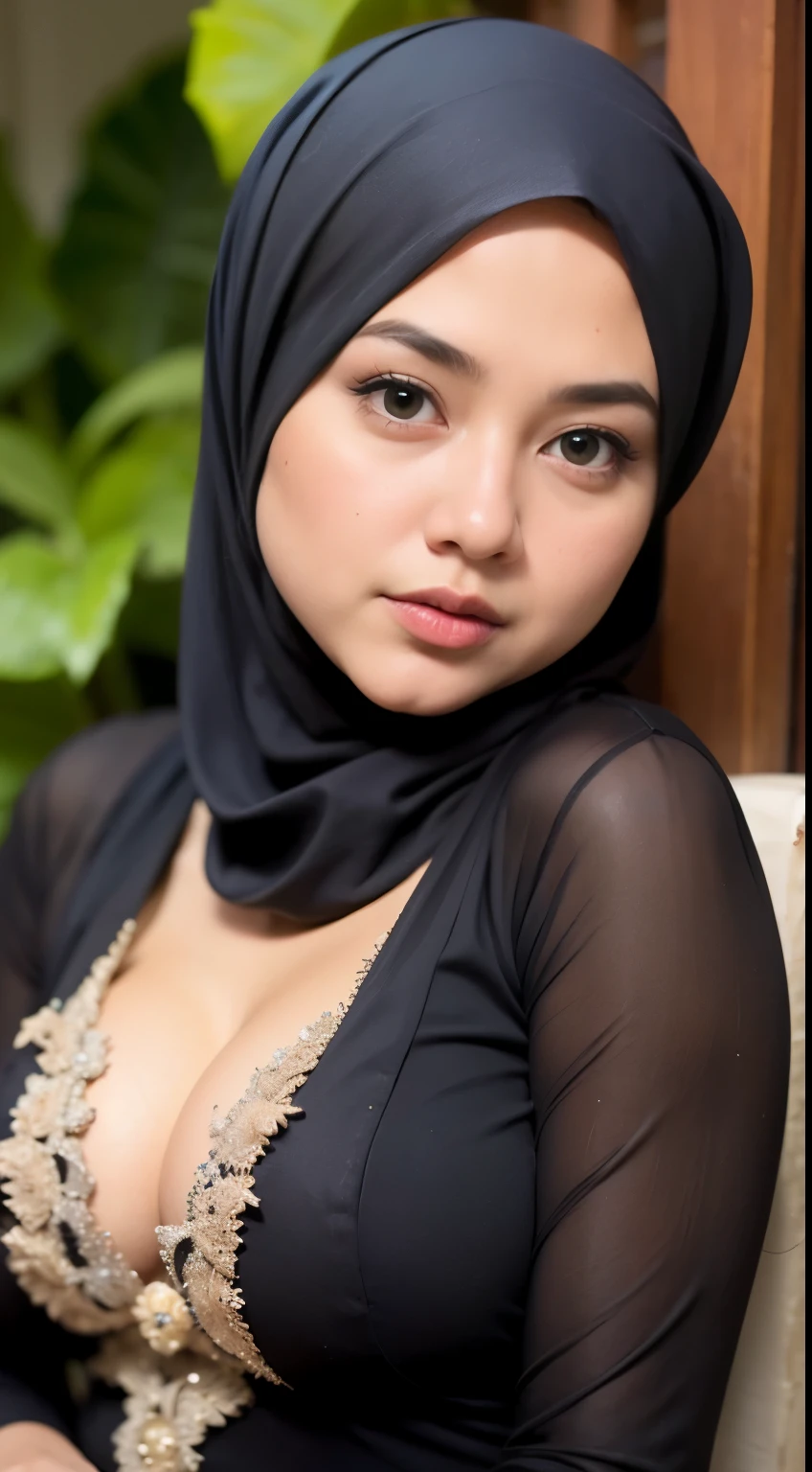 1 malay girl , modern plain hijab,  shy, medium portrait shot , watery  eyes ,droopy eyes, watery, lip glossy, sad face, ((big breast)), wear java wedding woman in kebaya , flower garden background, bokeh background, proportional body,