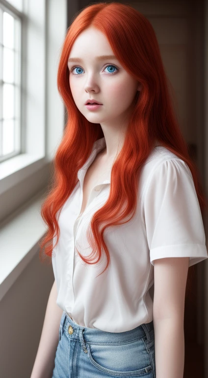 (Raw photo:1.2), (It's'photorealistic:1.4),(detailed details:1.2),(best quality:1.4), soft light, ultra-high resolution, 8K resolution.
Young Lily Cole, detailed eyes detailed facial features, thin transparent, clothes, white shirt, unbuttoned buttons, mini shorts, looks at the viewer, pale skin, (detailed skin), (slender body), (extreme detailed illustration), small breasts, bedroom, red hair, super long hair, very big eyes, teenage girl, cute type, indoors.