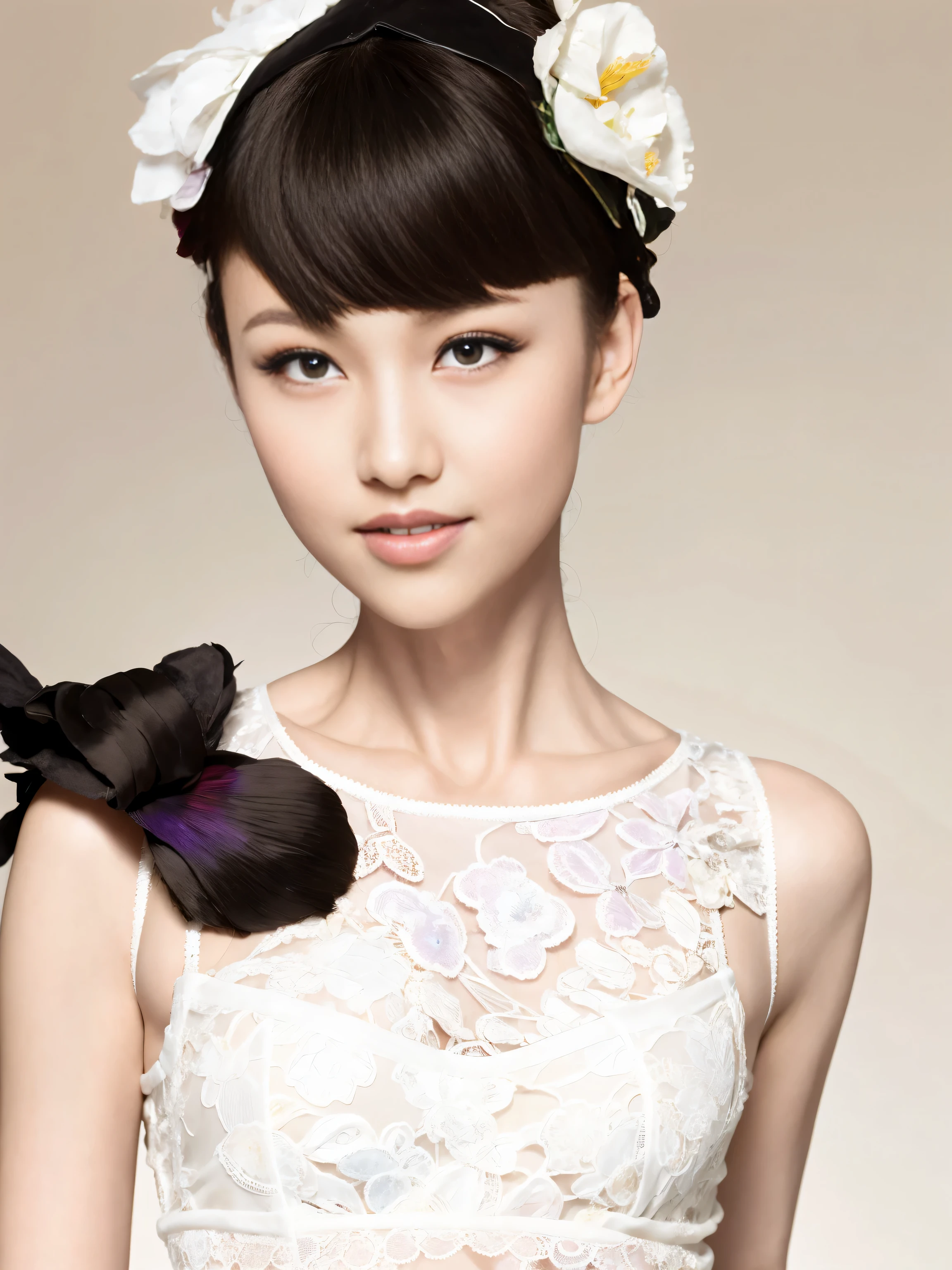 fashion model 20 years old [[[[close up]]]], [[[[neck]]]], [[[[Shoulder]]]], perfect eyes, perfect iris，perfect lips，perfect teeth，perfect skin，White skin，Soft headlight，high-density imaging review，Face slimming type，slender nose，long black hair，（Face is clear and delicate），((white lace underwear))，((Sexy))，The background is the bedroom，ground，best quality，masterpiece，（pastel colors：1.2）
