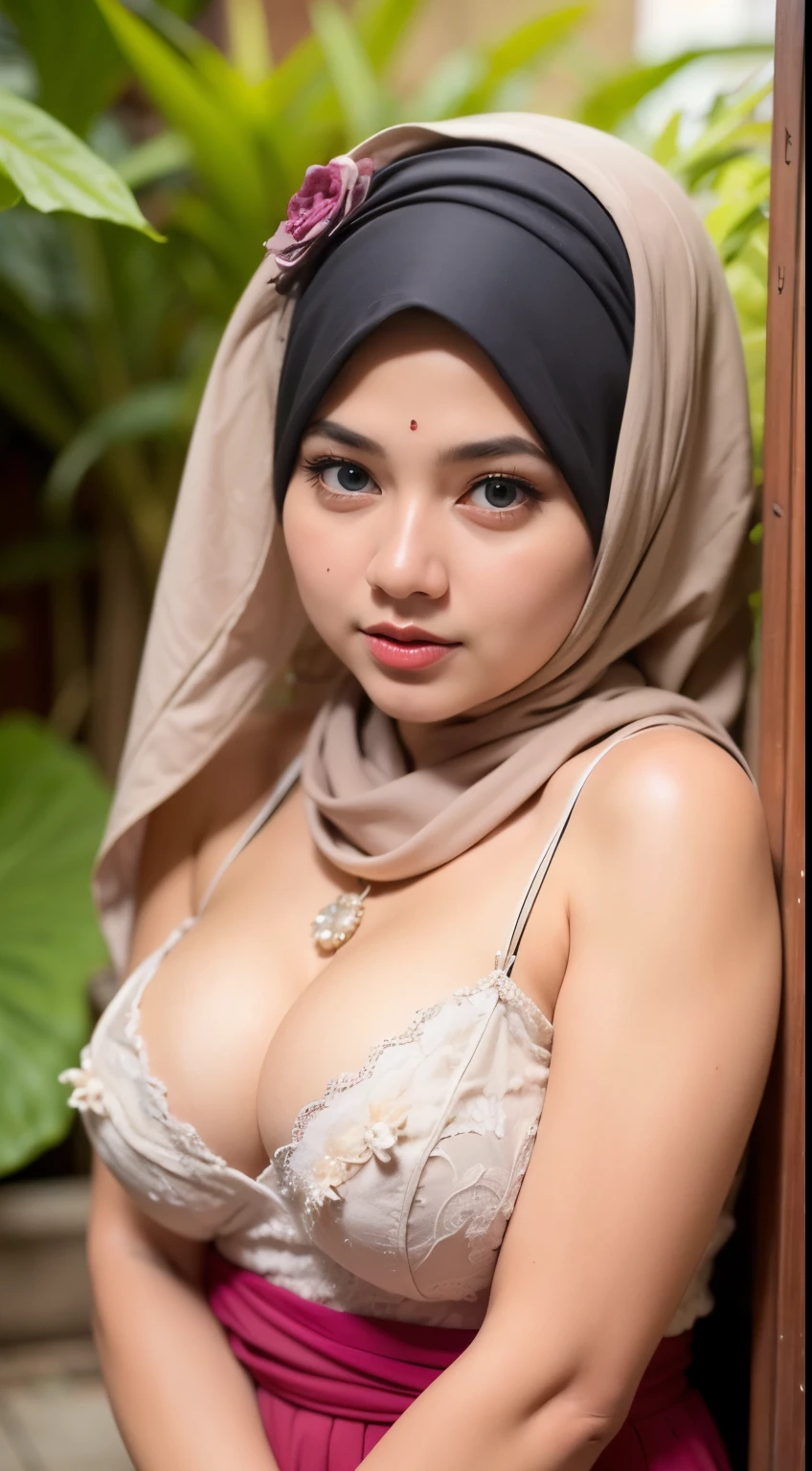 1 malay girl , modern plain hijab,  shy, medium portrait shot , watery  eyes ,droopy eyes, watery, lip glossy, sad face, ((big breast)), wear java wedding woman in kebaya , flower garden background, bokeh background, proportional body,