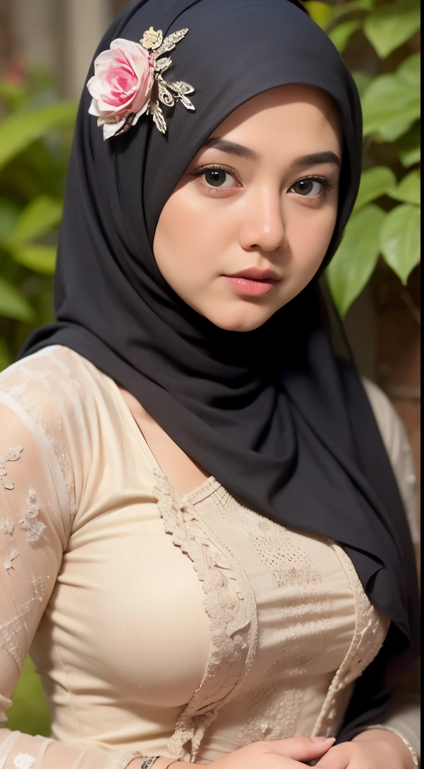 1 malay girl , modern plain hijab,  shy, medium portrait shot , watery  eyes ,droopy eyes, watery, lip glossy, sad face, ((big breast)), wear java wedding woman in kebaya , flower garden background, bokeh background, proportional body,