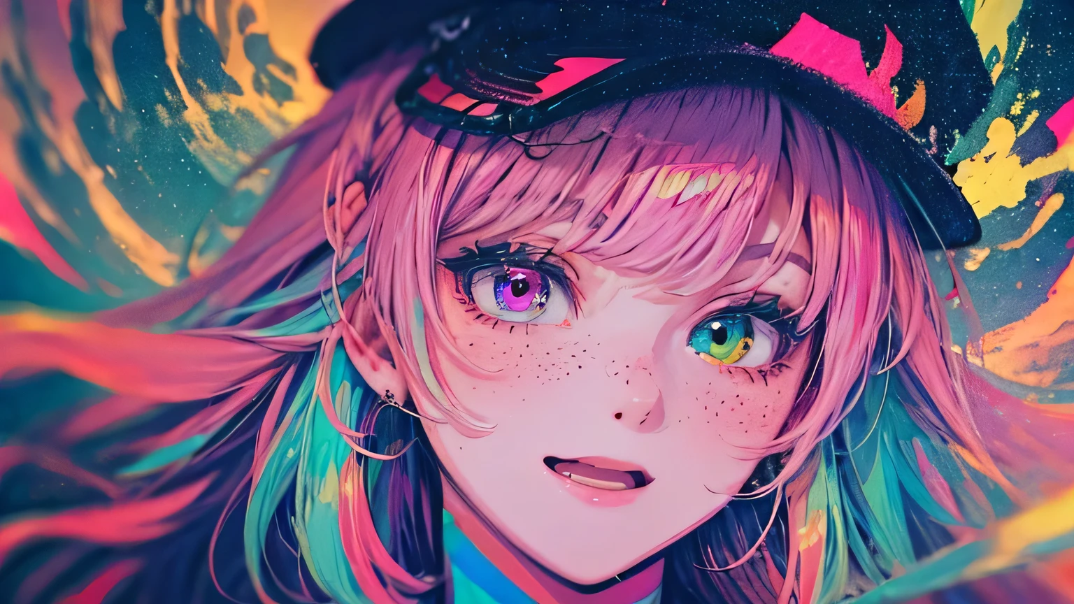 best quality, 4K wallpaper, masterpiece, extremely detailed CG unity 8k wallpaper, extremely detailed eyes, ultra-detailed, intricate details, face close up 1 happy smile shy girl in center, heterochromia, retro art style, neon pop abstract art style, public, highway road, lake, mountain, car