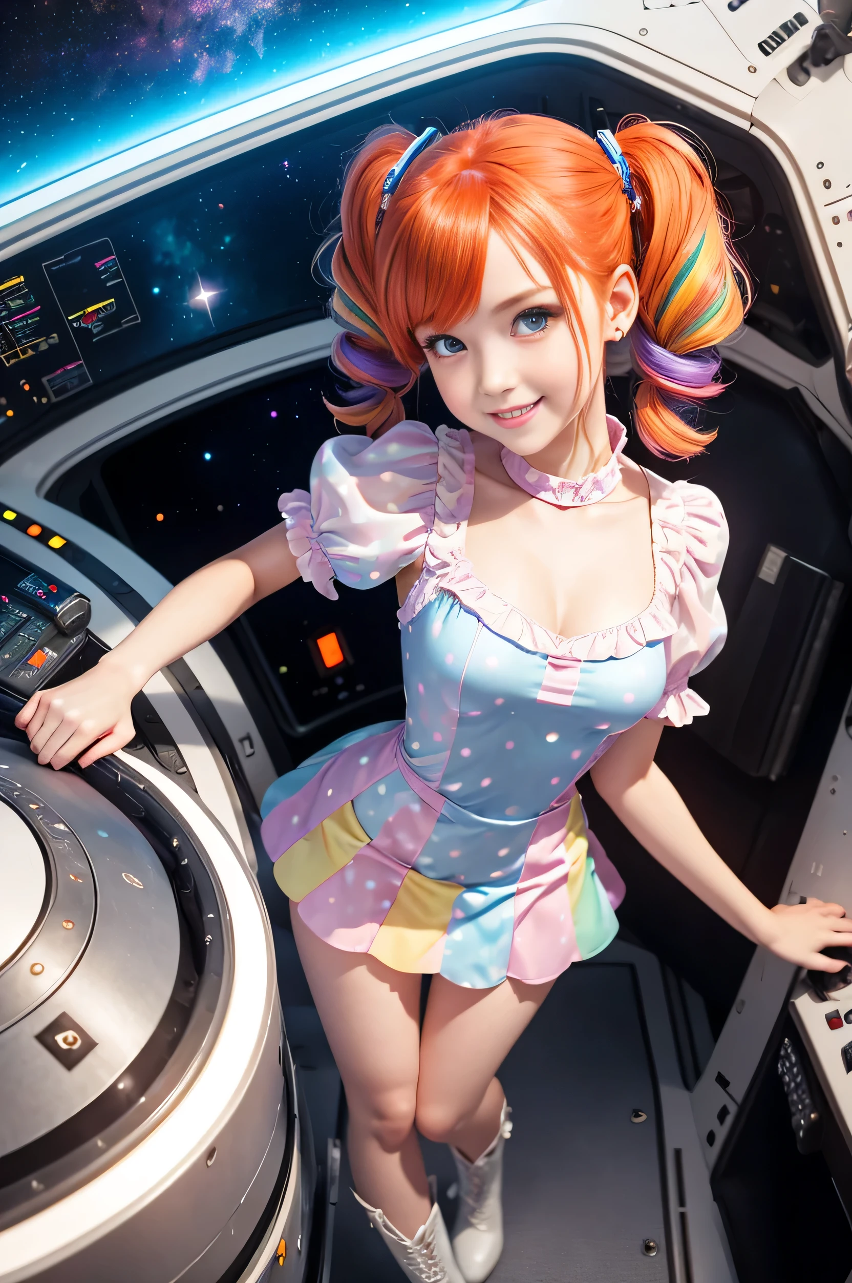 (overhead view) Cute redhead with rainbow colored hair tips, ribbons in her hair, 18-year-old woman, happy, smiling, in twin tails, perfect eyes, clear sparkling blue eyes, pale skin, silky smooth white skin, alabaster skin, flying a fancy metal luxurious space ship, futuristic cockpit, she's a pilot, outer space seen in windows, dark warm lighting, wearing a futuristic party dress, low cut top, pleated (chemise) mini dress (pastel rainbow colors, and polka dots), puffy sleeves, silk, pantyhose, cute short cut booties, boots.