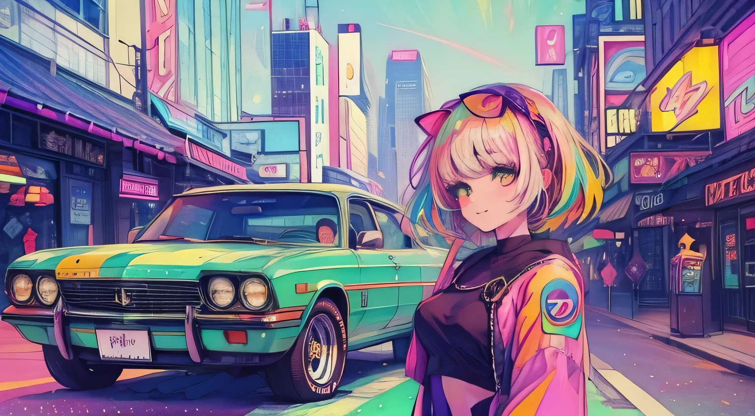 {{masterpiece}}, best quality, cinematic lighting, lens flare,1 happy smile shy retro girl in center, retro hairband, medium breasts, beautiful detail eyes,  multicolor hair, colorful retro light particles, retro building and car, heterochromia, (colorful:1.5), (colorful hair:1.5),