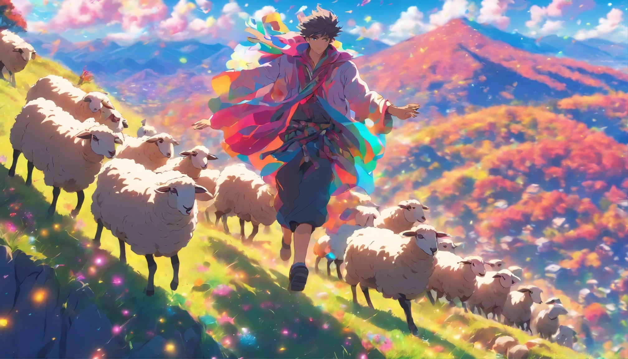 shepherd with sheep dancing disco on the mountainside