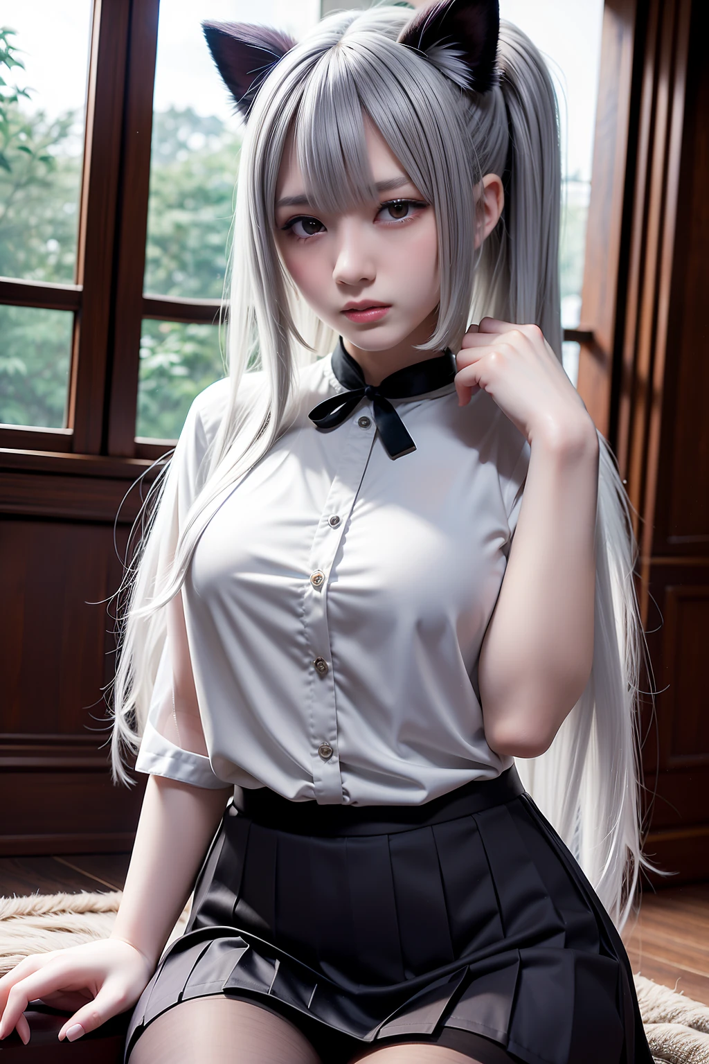 1 girl! Ray tracing, best shade, high resolution (dim lights) Detailed background (living room) fluffy silver hair, plump and slim girl, high ponytail in the ominous living room avoiding golden eyes (girl in white shirt, black pleated skirt, Wear it with black transparent pantyhose) Show off your exquisite figure and graceful curves, The position of the limbs is correct and reasonable! Put your hands behind your head, Your fingers are so thin! stand dignified, facial details! Exquisite facial features! Pay attention to the details of the leg position! Pay attention to hand details! high quality! more qualified! Reduce errors! The painting is more refined, Super detailed CG, And the pictures are more reasonable! Pay attention to finger details! 8k wallpaper, masterpiece, Eye details! Reduce eye size differences! number of fingers!
