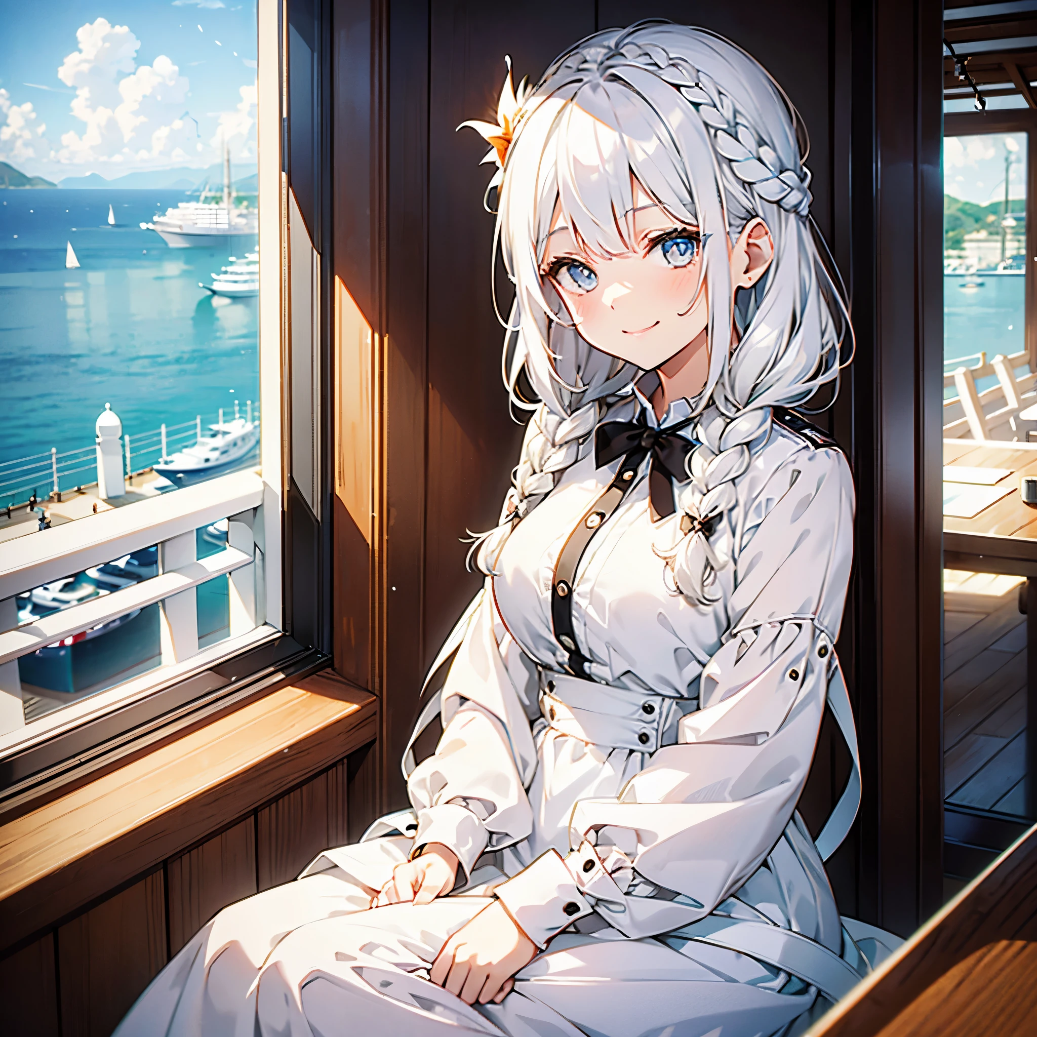 white hair girl,Smiling,Quirky,Brown pupils,Wearing a plain white dress,French braid,Tall,Lively,To the camera Biye,sitting in yacht,Outside the window is the sea,Phoenix Eyes,enchanted