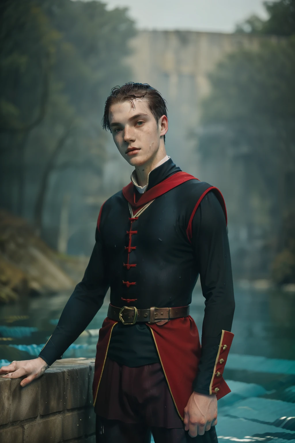 England, 1327. A young ((((20-year-old)) Ralph Fitzgerald)), intense eyes, ambitious, tall, athletic, river, ((underwater, ((((swimming)))), wet, moving arms and legs, holding his breath)). ((((clothings from the 1300s, red and black squire uniform)))), ((dark hairstyle of the 1300s))