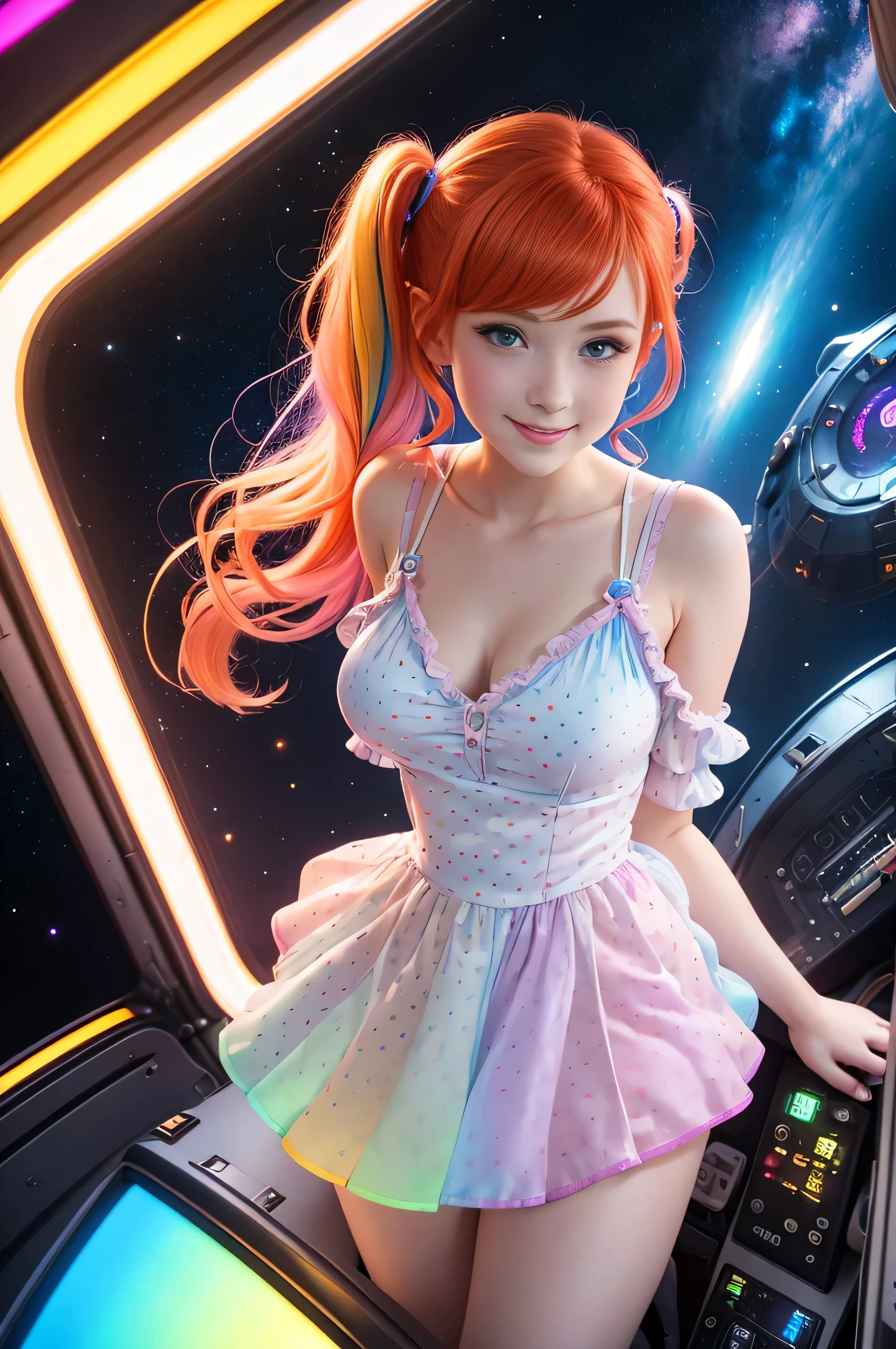 (overhead view) Cute redhead with rainbow colored hair tips, ribbons in her hair, 18-year-old woman, happy, smiling, in twin tails, perfect eyes, clear sparkling blue eyes, pale skin, silky smooth white skin, alabaster skin, flying a fancy metal luxurious space ship, futuristic cockpit, she's a pilot, outer space seen in windows, dark warm lighting, wearing a futuristic party dress, low cut top, pleated (chemise) mini dress (pastel rainbow colors, and polka dots), puffy sleeves, silk, pantyhose, cute short cut booties, boots.