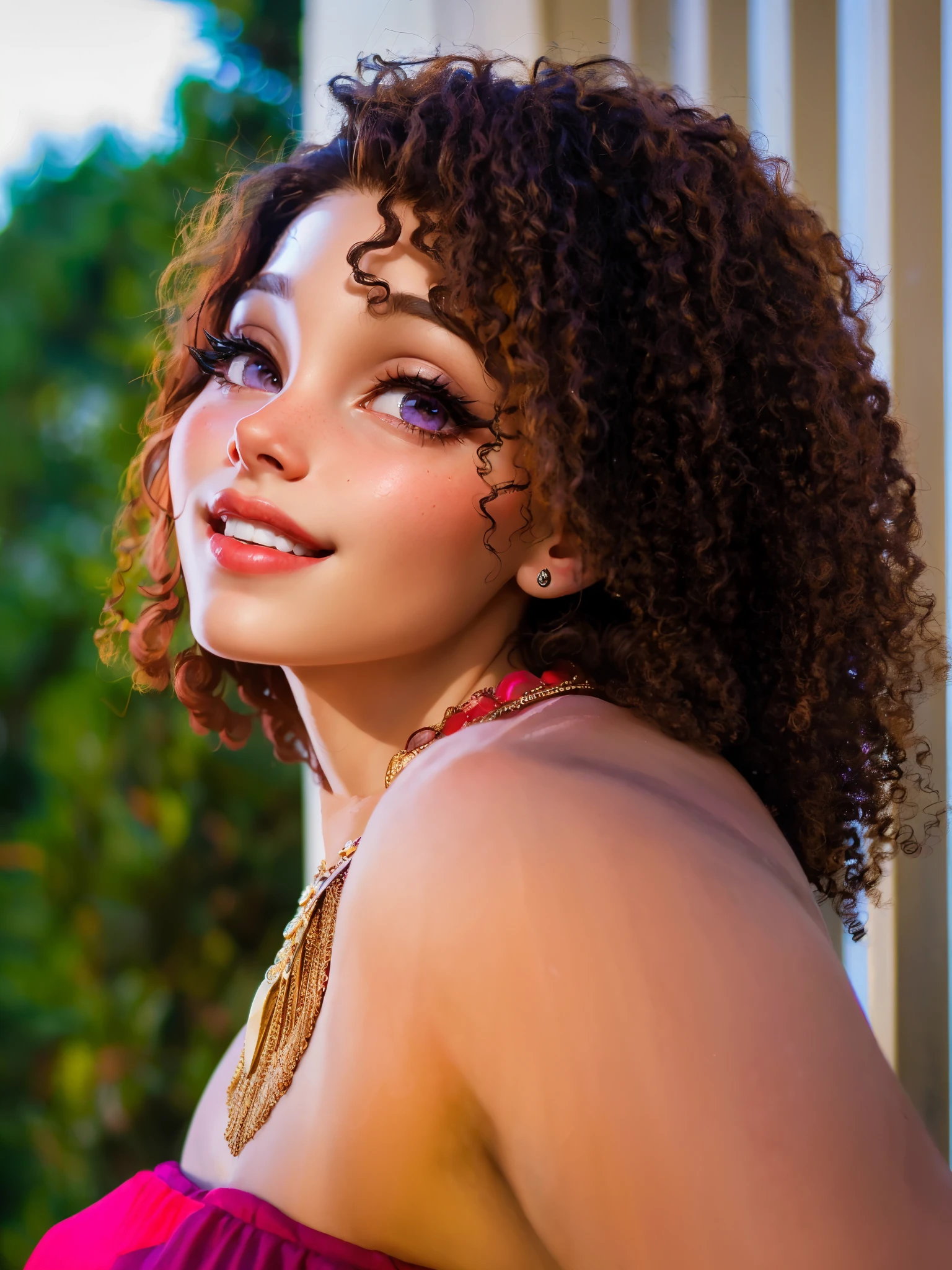 smiling woman with curly hair and bright red lipstick in a pink dress, portrait image, profile shot, glamour shot, cheeky smile with red lips, detailed portrait shot, profile portrait, malika favre, portrait sabrina lloyd, profile image, beautifully lit, 3 / 4 view portrait, kezie demessance, close up half body shot, photo shoot, purple eyes, (highly detailed face:1.4) (smile:0.7) (background inside dark, moody, private study:1.3) POV, by lee jeffries, nikon d850, film stock photograph ,4 kodak portra 400 ,camera f1.6 lens ,rich colors ,hyper realistic ,lifelike texture, dramatic lighting , cinestill 800