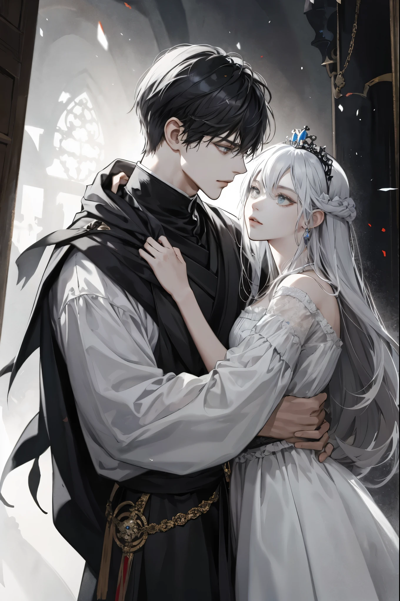 Ninja couple, king and queen, gothic crown and tiaras, side by side, Grey and black, dark romantism, raw concept art, masterpiece illustration