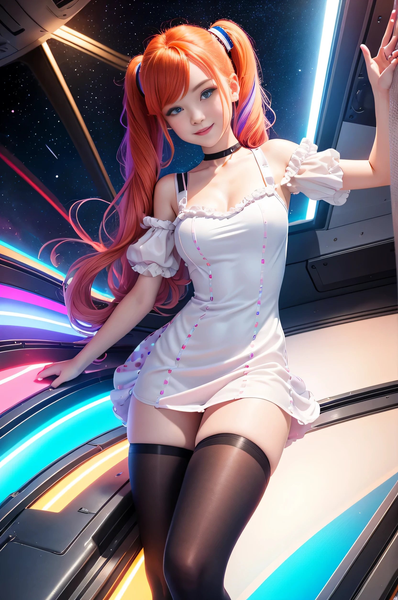 (overhead view) Cute redhead with rainbow colored hair tips, ribbons in her hair, 18-year-old woman, happy, smiling, in twin tails, perfect eyes, clear sparkling blue eyes, pale skin, silky smooth white skin, alabaster skin, flying a fancy metal luxurious space ship, futuristic cockpit, she's a pilot, outer space seen in windows, dark warm lighting, wearing a futuristic party dress, low cut top, pleated (chemise) mini dress (pastel rainbow colors, and polka dots), puffy sleeves, silk, pantyhose, cute short cut booties, boots.