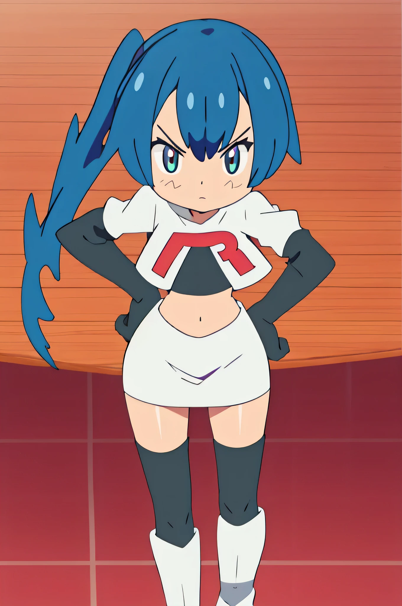 sena, side pony tail,masterpiece, best quality, highres,team rocket uniform, red letter r, white skirt, white crop top, black thigh-high boots, black elbow gloves, glaring angrily, looking at viewer, hands on hips, full body seen, zettai ryouiki