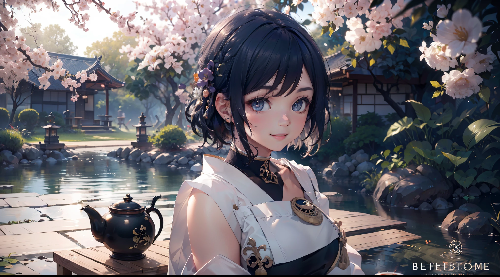 (best quality,8k,highres,masterpiece:1.2),detailed black hair,(realistic,photorealistic,photo-realistic:1.37), ชุดเมดแบบคลาสสิค, traditional Japanese bakery,beautiful detailed eyes,happiness,glowing eyes,smiling,peaceful atmosphere,traditional Japanese clothes,working(คุณภาพดีที่สุด,เต็มรูปแบบ,โฆษณา:1.2),แสงสว่างและอบอุ่น,หวานง่มงวง,ความสุขบริบูรณ์,รอยยิ้มสดใส,sakura tree,tranquil,aroma scent,dreamlike,vivid colors,subtle lighting,traditional Japanese tea set,lively ambiance