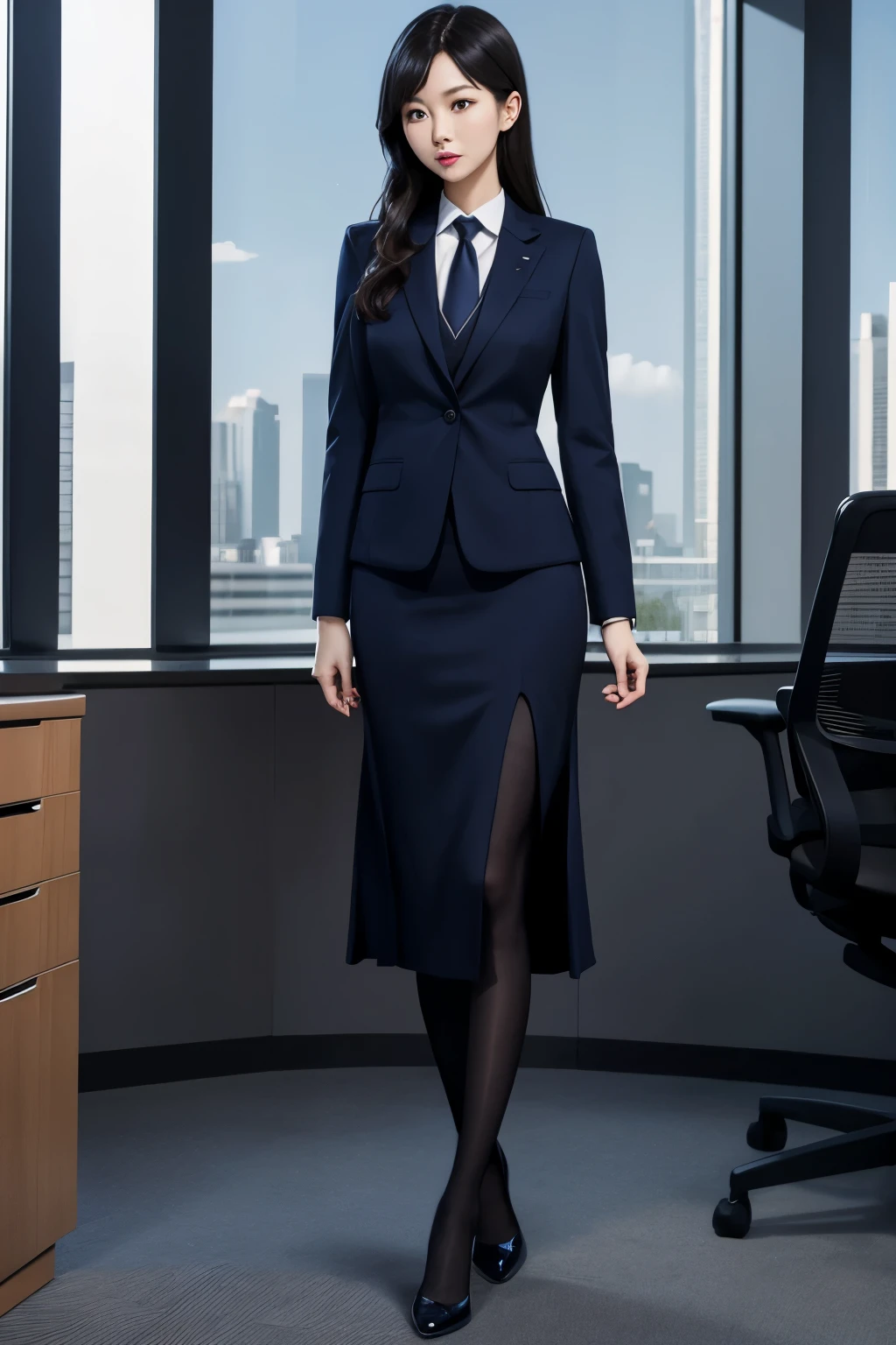 The background is the company office、slender woman、1 person、navy blue suit、slender legs、long skirt、black stockings、standing position、Upright posture