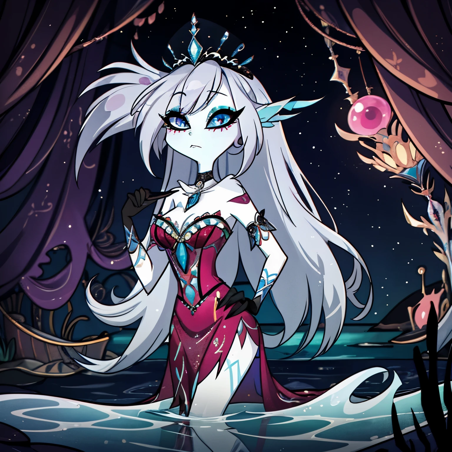 In the solitary realm of Hazbin Hotel, a captivating feminine siren demon emerges as the sole character, adorned in deep ocean-colored body, hair, and eyes. With her ethereal appearance, she exudes allure and mystique, resembling the depths of the ocean itself. Clad in a stunning 1920s-inspired ensemble, she wears a dazzling flapper dress adorned with intricate beading and fringe, complemented by a feathered headpiece and sparkling accessories. With her enchanting voice and mesmerizing presence, she lures unsuspecting souls into her depths, adding a touch of timeless seduction to the desolate world of Hazbin Hotel.