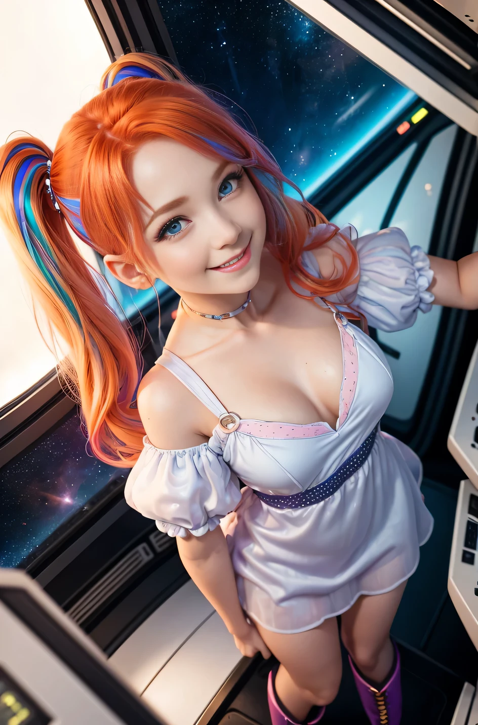 (overhead view) Cute redhead with rainbow colored hair tips, ribbons in her hair, 18-year-old woman, happy, smiling, in twin tails, perfect eyes, clear sparkling blue eyes, pale skin, silky smooth white skin, alabaster skin, flying a fancy metal luxurious space ship, futuristic cockpit, she's a pilot, outer space seen in windows, dark warm lighting, wearing a futuristic party dress, low cut top, pleated (chemise) mini dress (pastel rainbow colors, and polka dots), puffy sleeves, silk, pantyhose, cute short cut booties, boots.