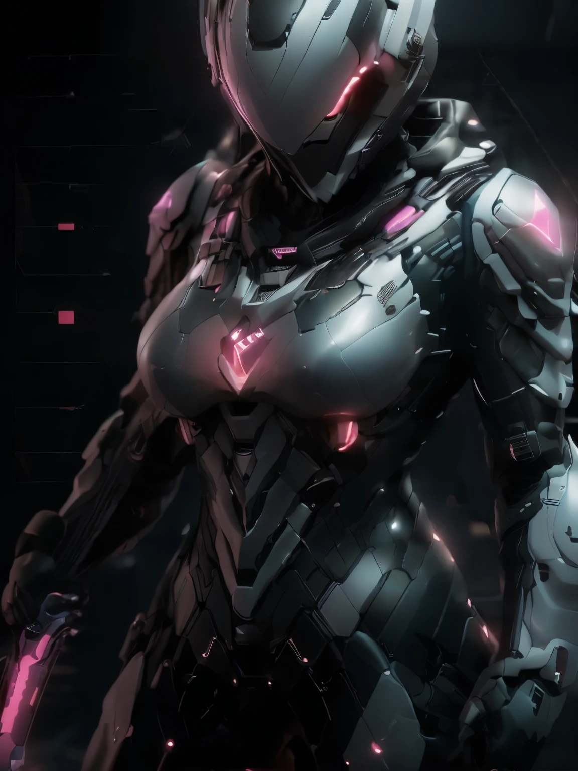 Dronificated unknown woman in a fully enclosed white latex fullbody heavy armor with red lights across the suit and star shaped glowing core in the chest, fully enclosed cyber helmet that cover her whole face and hides her identity with only two glowing red lines in it's otherwise, empty black face, huge breast, narrow waist, wide hips and thick thighs, in a storage, no face, no hair, no mouth, no eyes