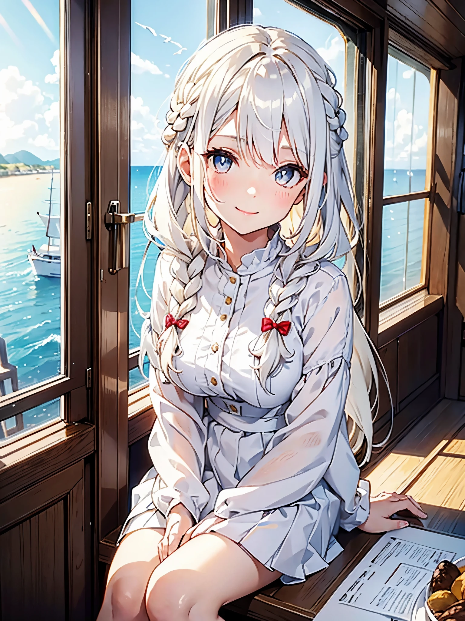 white hair girl,Smiling,Quirky,Brown pupils,Wearing a plain white dress,French braid,Tall,Lively,To the camera Biye,sitting in yacht,Outside the window is the sea,Phoenix Eyes,enchanted,black