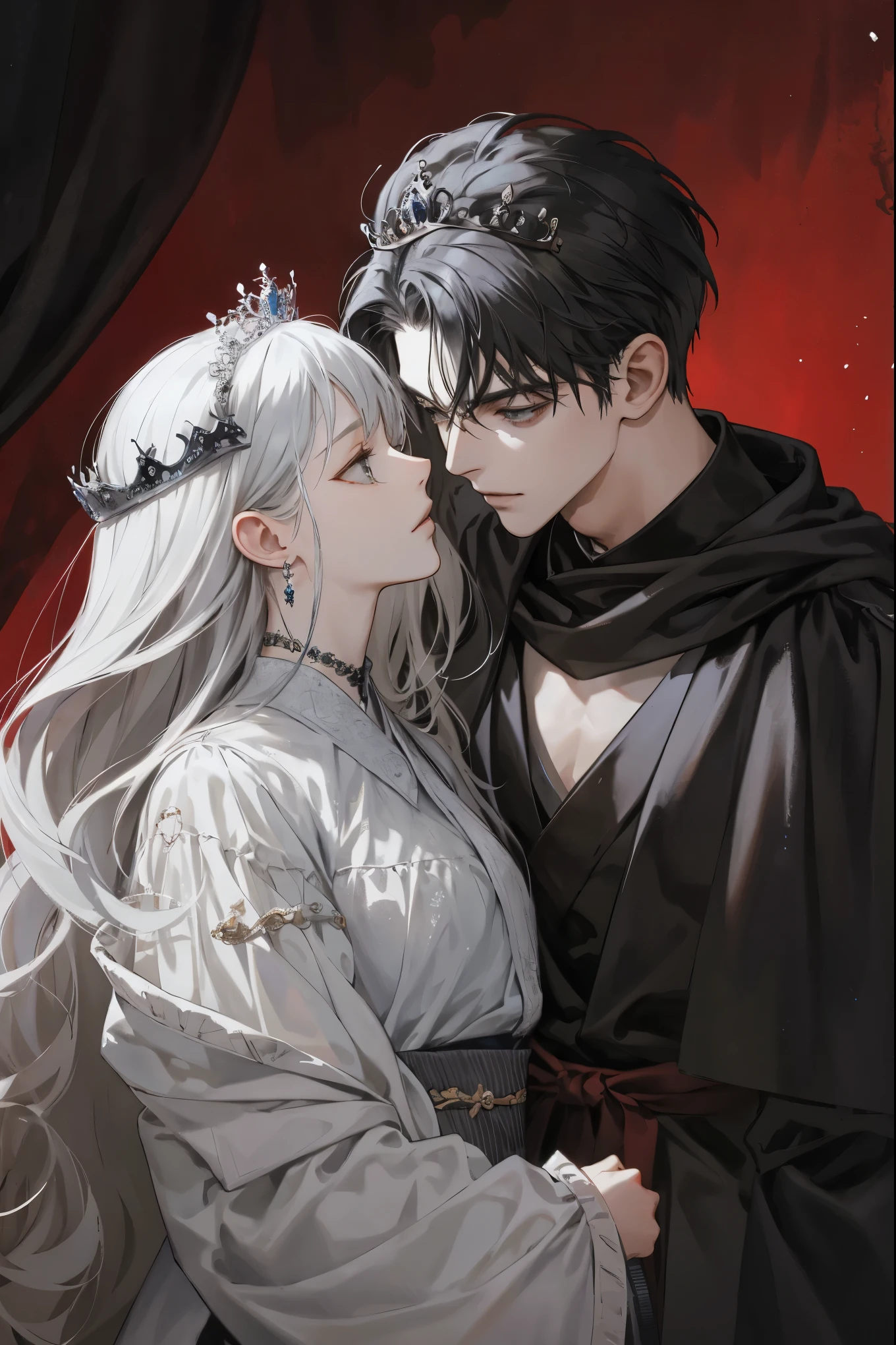 Ninja couple, king and queen, gothic crown and tiaras, side by side, Grey and black, dark romantism, raw concept art, masterpiece illustration