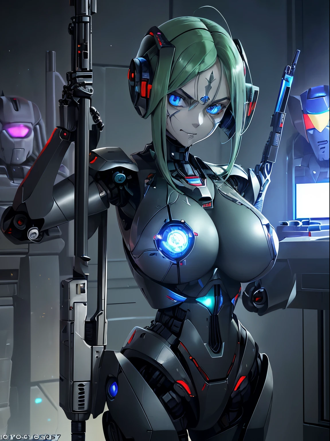 ((whole body):1.5) naked,naked tits,breasts hanging, (({1/20 years}):2). only {1/20 years woman}:((in futuristic black clothes, with blue mechanical parts):1.3). only {1/20 years old}: ((he has very big breasts):1.5). only {1/20 years old}:((has light blue eyes, very short dark green hair):1.3), looks at the viewer with ((face of despair and veins on the forehead):1.3), ((posing with a futuristic rifle):1.5). in the lab ((full of evil robots made of pure metal): 1.6), все роботы гонятся only за {1/20 years}) who is worth. anime, anime style, 16 thousand., a high resolution, ((Best quality, high detail: 1.5)), UHD, ((masterpiece)), cartoon, real, Fantasy