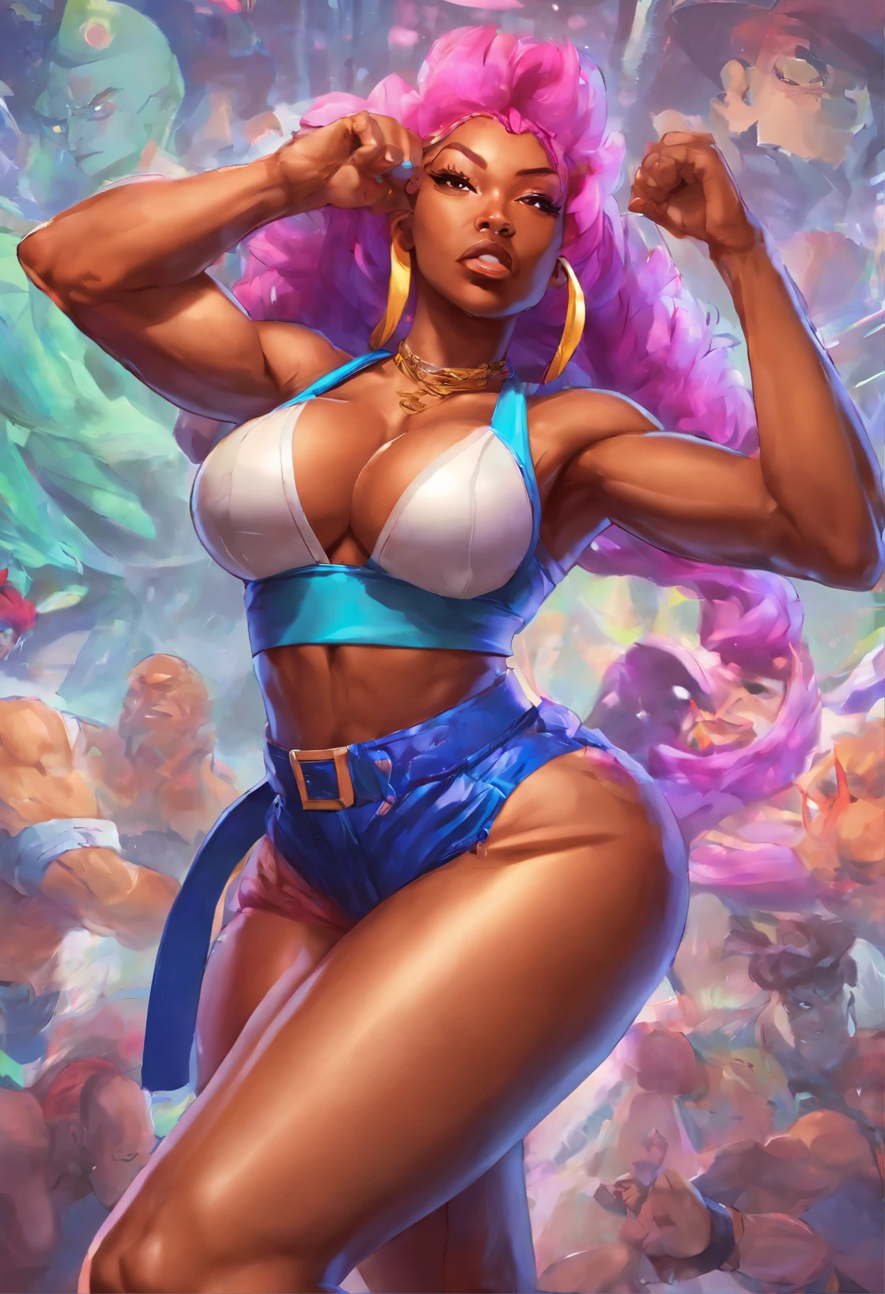 Generater a 3d hyper realistic image of Megan thee Stallion wearing tight booty shorts and very tight tink top