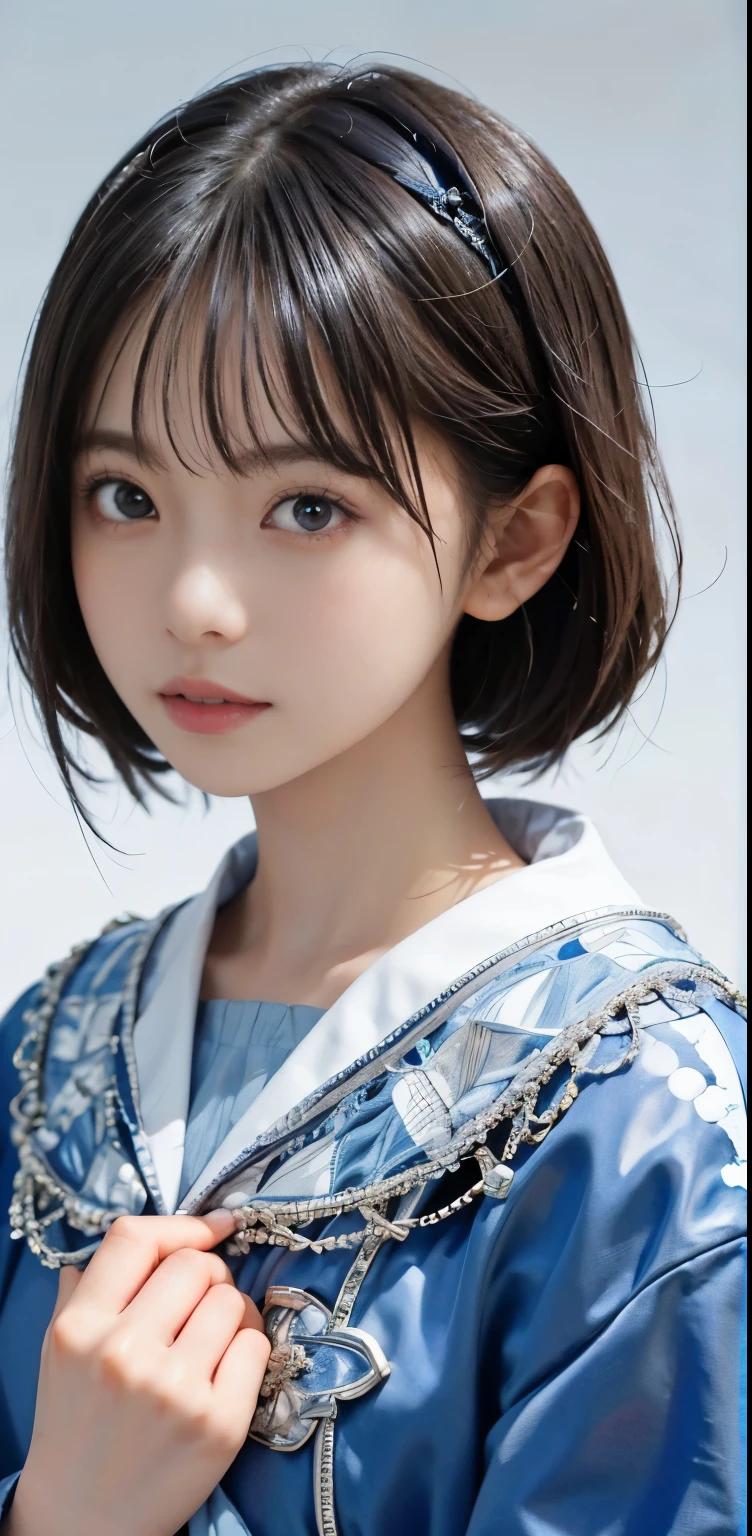 masterpiece, 1 beautiful girl, fine eyes, puffy eyes, highest quality, 超High resolution, (reality: 1.4), Original photo, 1 girl, cinematic lighting, Japan, asian beauty, super beautiful, beautiful skin, thin, body facing forward, (超reality的な), (High resolution), (8K), (very detailed), (best illustrations), (beautifully fine eyes), (Super detailed) , detailed face, looking at the viewer, look straight ahead, Wearing a blue robe or cloak, , short hair, black hair, 46 point diagonal bangs, Church based on white background tone, Neat atmosphere,