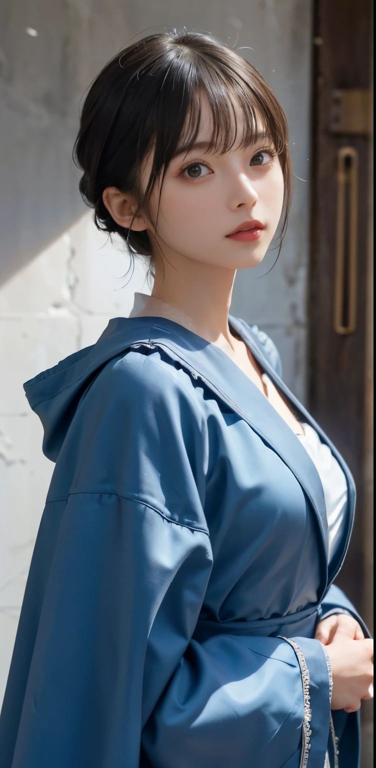 masterpiece, 1 beautiful girl, fine eyes, puffy eyes, highest quality, 超High resolution, (reality: 1.4), Original photo, 1 girl, cinematic lighting, Japan, asian beauty, super beautiful, beautiful skin, thin, body facing forward, (超reality的な), (High resolution), (8K), (very detailed), (best illustrations), (beautifully fine eyes), (Super detailed) , detailed face, looking at the viewer, look straight ahead, Wearing a blue robe or cloak, , short hair, black hair, 46 point diagonal bangs, Church based on white background tone, Neat atmosphere,