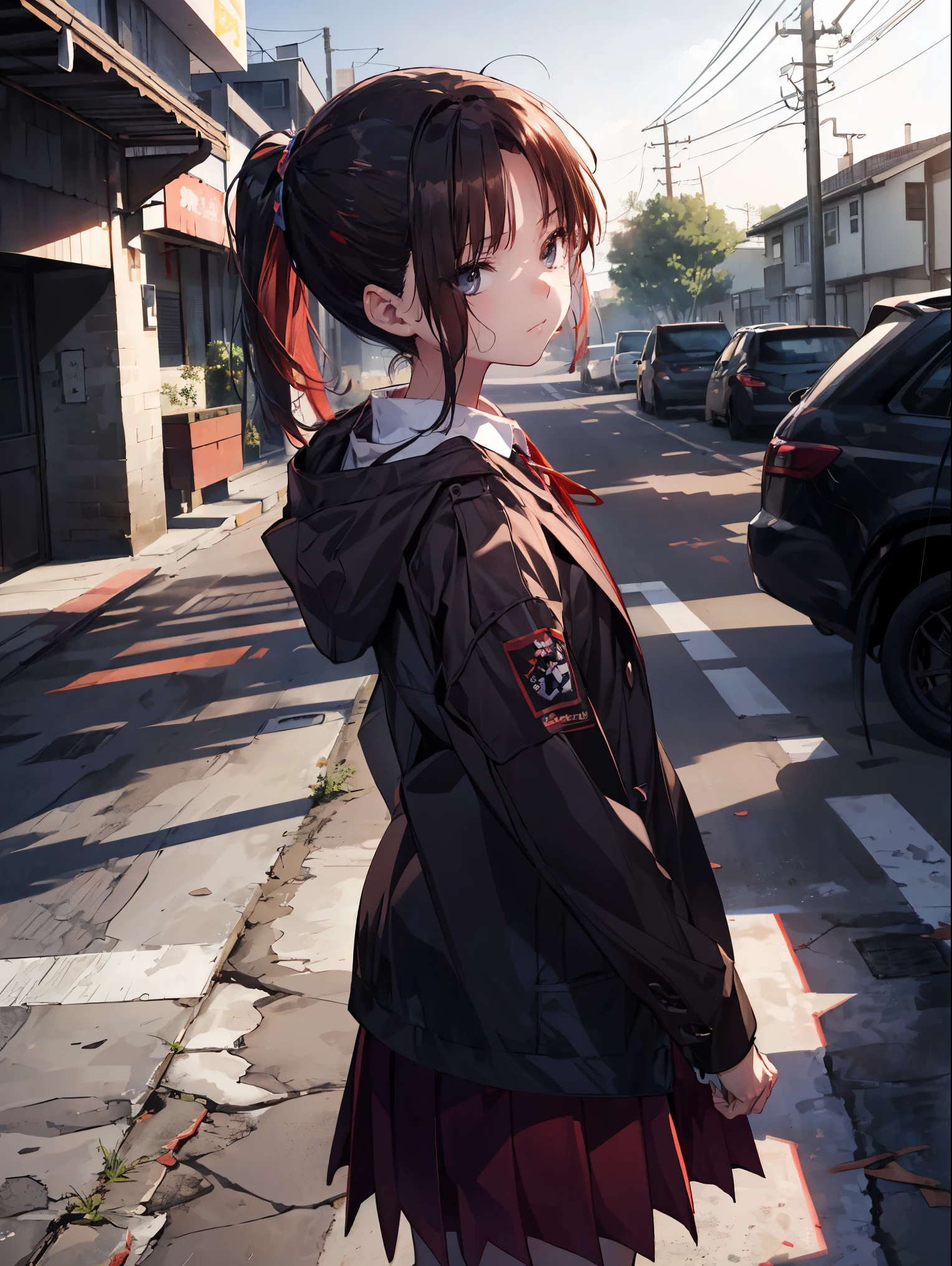 Creator qualities, anime moe art style,best anime 8k konachan wallpaper,pixiv contest winner,Badass Anime 8K,perfect anatomy, (Please draw a girl walking sleepily to school.. ),break, 1 girl, (alone,,,:1.3),, androgynous charm, (very short hair),messy hair, All limbs, full finger,flat chest, small ass, between legs, small eyes,Precise black eyes,disgusted eyes, school uniform, skirt,On the way to school. break,super detailed,High resolution,super dense skin, professional lighting, (cool illustration:1.2),