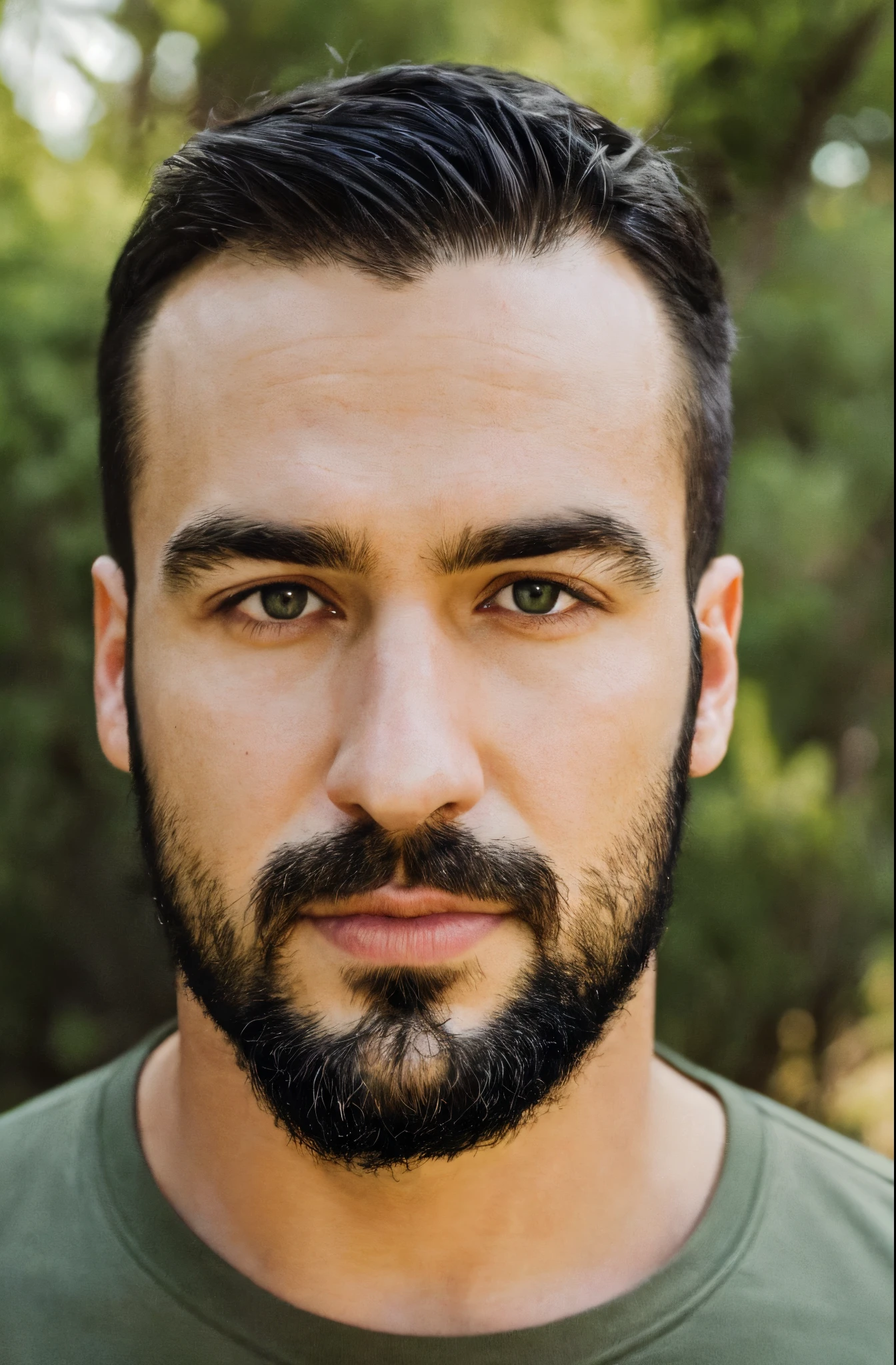 (best quality, highres, ultra-detailed, realistic:1.37), Hiperrealism, hiperdetailed, natural colors, soft light, portrait, 30 years old man, handsome, bald, brown beard, embraced a great White wolf in mountain, Green eyes.