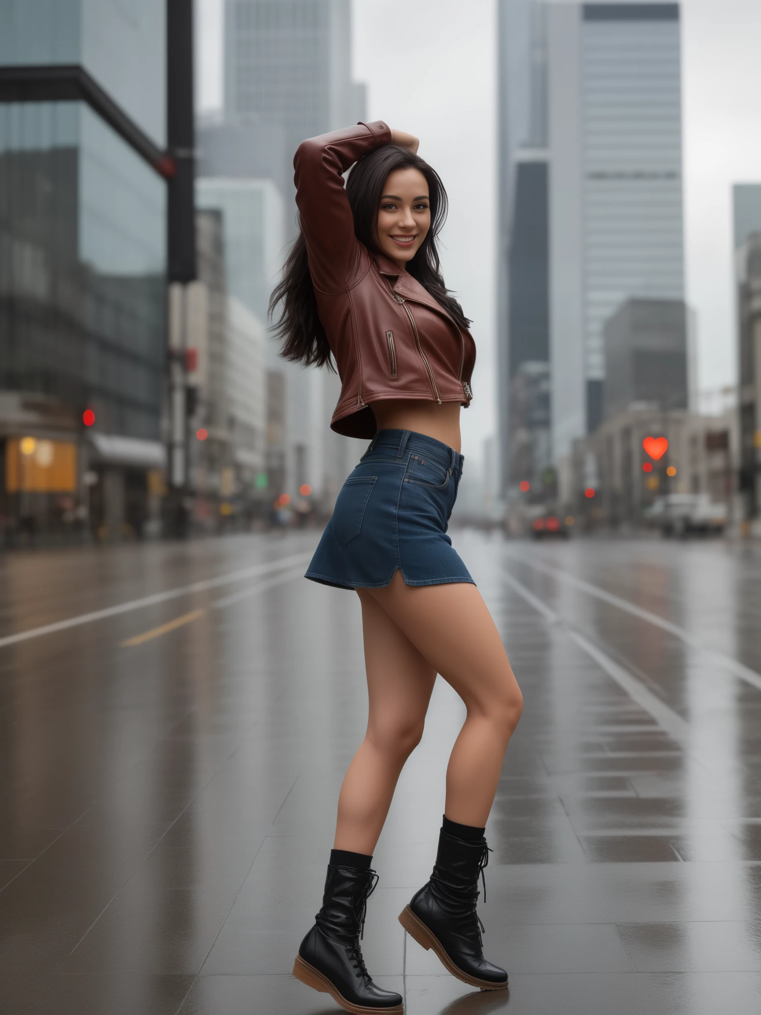 dancing pretty smiling woman aged 33, open mouth, bare legs, strong tall body, flowing wet dark brown hair, wearing oversized old worn leather jacket, red crumpled socks and old untied military boots, rainy cloudy weather, her silhouette reflected in puddles on wet asphalt, city skyline in the background, hiper realism, detailed, raytracing, masterpiece