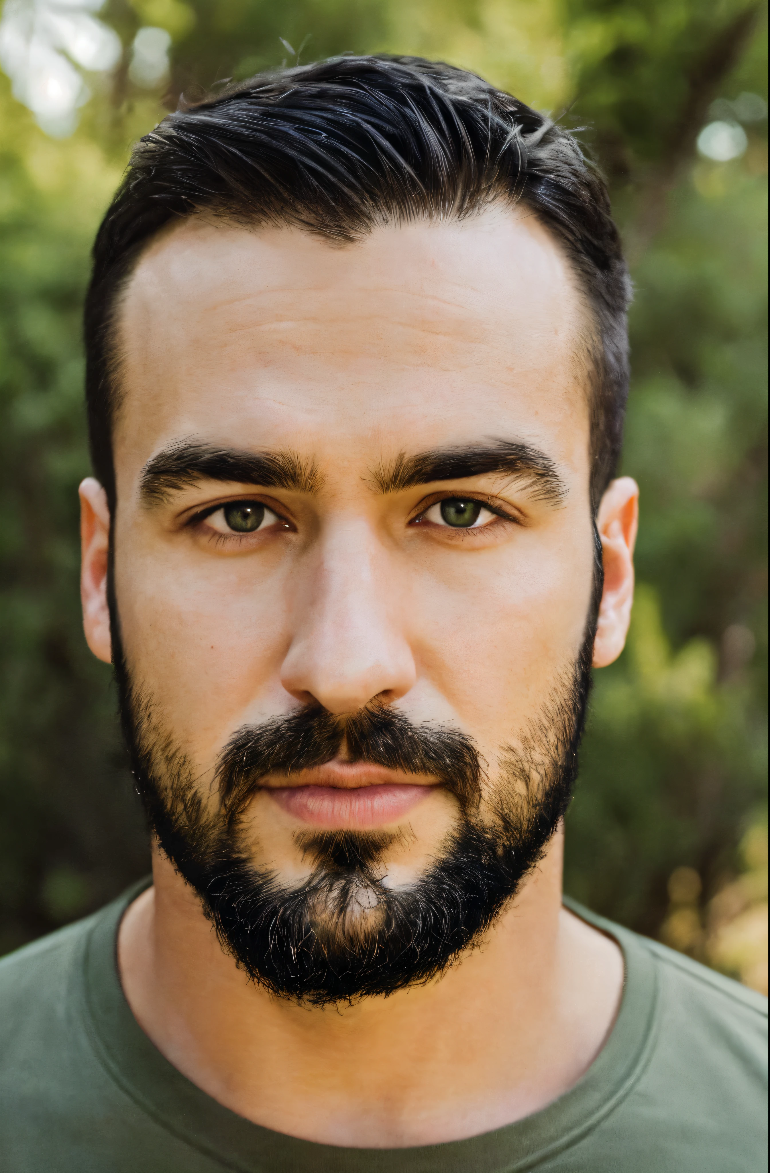 (Mejor calidad, high resolution, ultra detallado, Realista:1.37), Hiperrealismo, hiperdetallado, Colores naturales, Luz tenue, retrato, 30 years old man, elegante, calvo, brown beard, hugged a big white wolf in the mountain, ojos verdes.