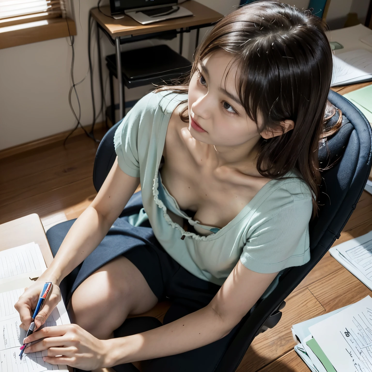 best quality, ultra highres, ultra detailed skin, physically-based rendering,downblouse, looking down,(yo japanese girl sitting on chair and writing in notepad, on small table, decorated detailed bra, overlap blouse, small breasts, voluptuous, from above),(beautiful messy room background:1.2)