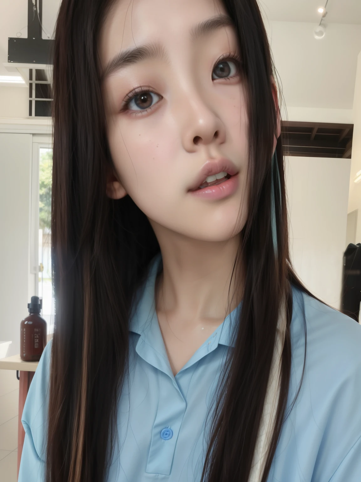 Un primer plano de una mujer con cabello largo y negro y una camisa azul, ulzzang, chen xintong, xisionwu, jossi de blackpink, muchacha coreana, Young cute pale asian face, parque roseanne de blackpink, yanjun chengt, jisoo de blackpink, gongbi, con cabello largo, pale korean adorable face, foto de perfil en la cabeza