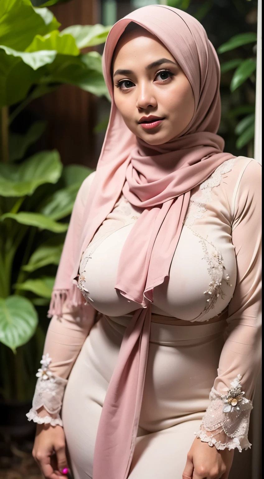 1 malay girl , modern plain hijab,  shy, medium portrait shot , watery  eyes ,droopy eyes, watery, lip glossy, sad face, ((big breast)), wear java wedding woman in kebaya , (big breast) , flower garden background, bokeh background, proportional body,