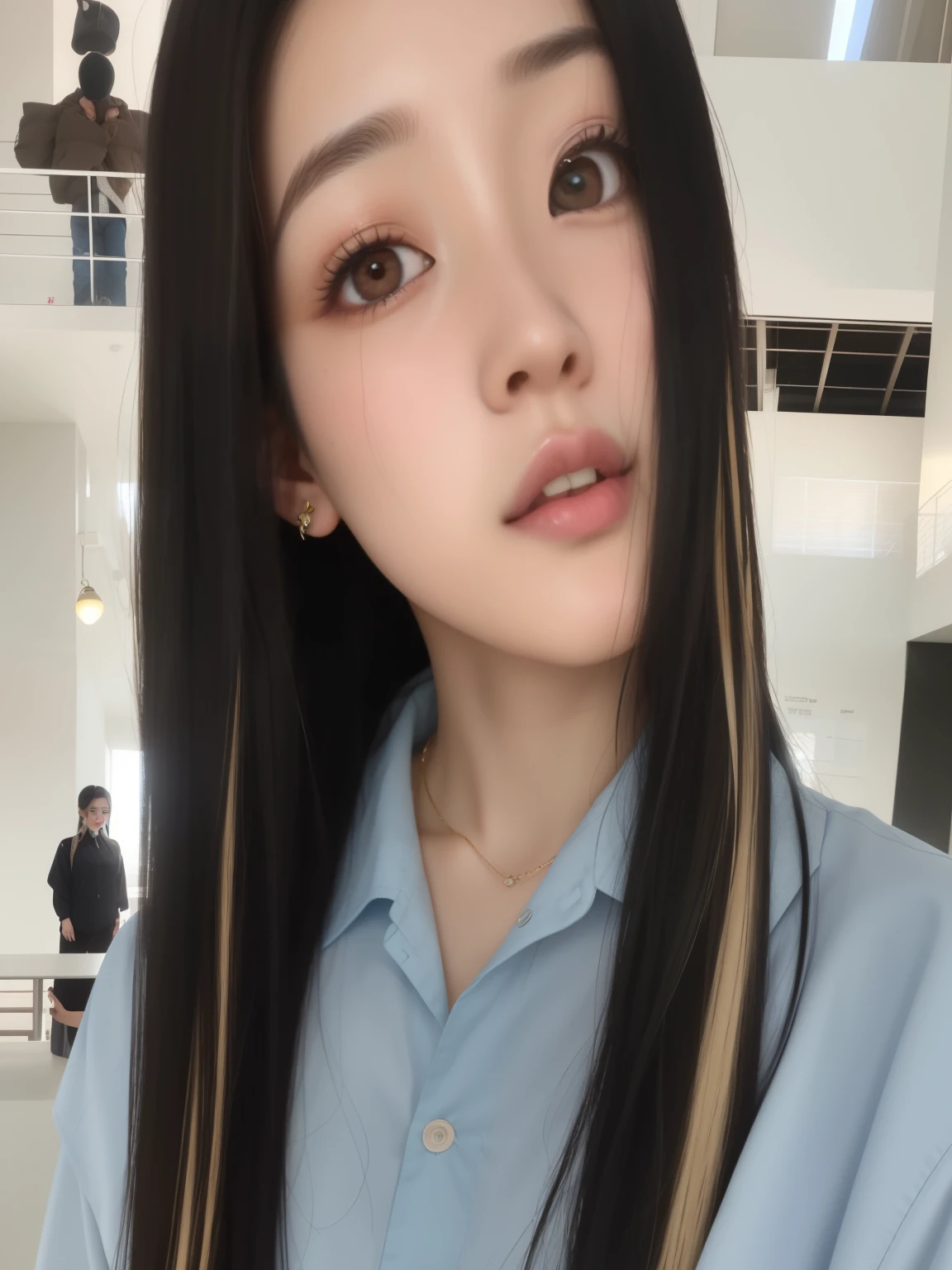 Un primer plano de una mujer con cabello largo y negro y una camisa azul, ulzzang, chen xintong, xisionwu, jossi de blackpink, muchacha coreana, Young cute pale asian face, parque roseanne de blackpink, yanjun chengt, jisoo de blackpink, gongbi, con cabello largo, pale korean adorable face, foto de perfil en la cabeza