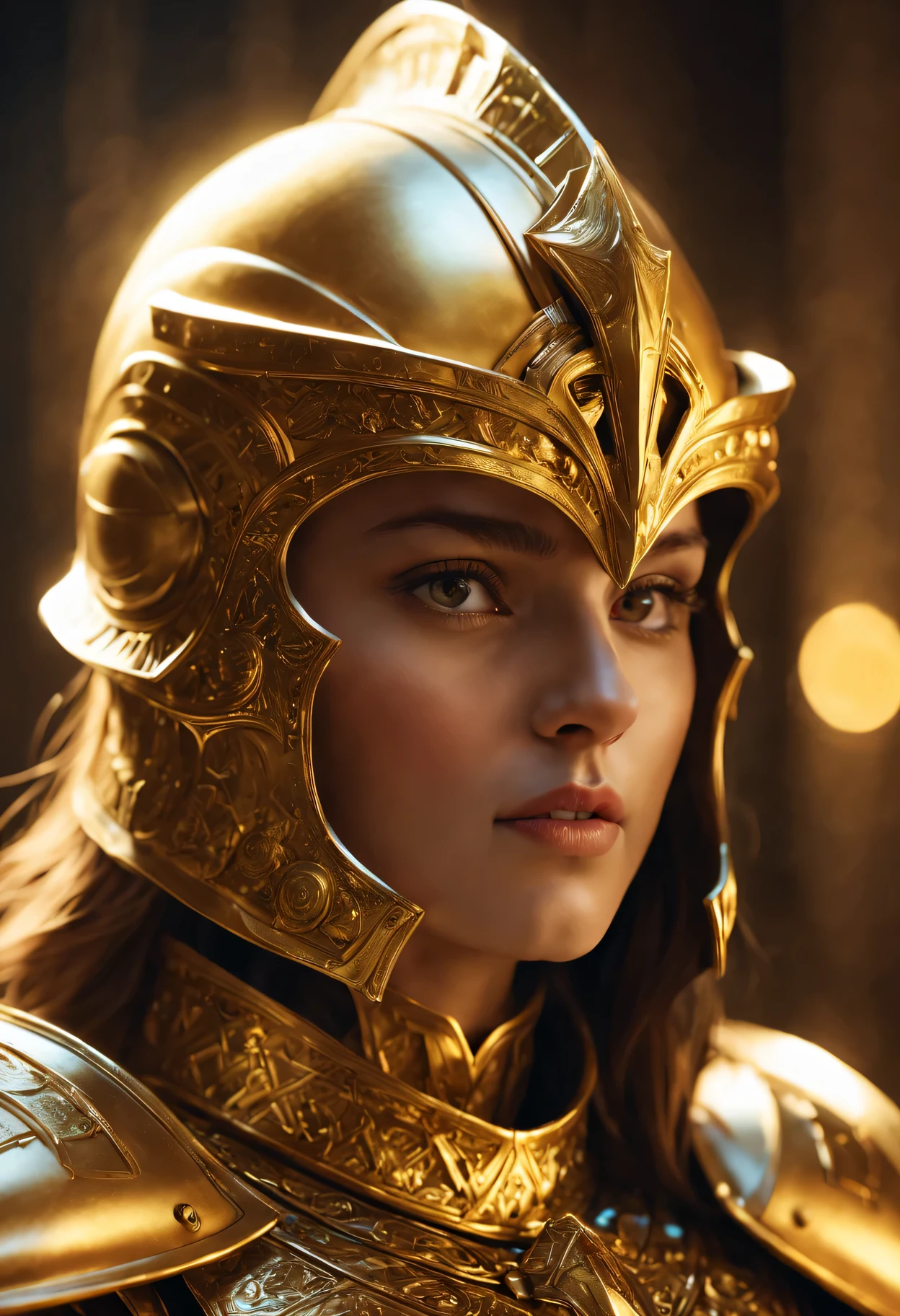 (best quality,4K,8k,high resolution,masterpiece:1.2),Super detailed,闪闪glow的金色头盔,glow,golden armor,闪闪glow的反射,heroic figure,detailed facial features,shining eyes,definite expression,sharp focus,golden light,subtle highlights,Intense lighting effects,sculptural details,bright colors,portrait