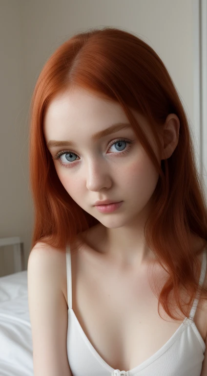 (Raw photo:1.2), (It's&#39;photorealistic:1.4),(detailed details:1.2),(best quality:1.4), soft light, ultra-high resolution, 8K resolution.
Young Lily Cole, detailed eyes detailed facial features, thin transparent, clothes, white shirt, unbuttoned buttons, mini shorts, looks at the viewer, pale skin, (detailed skin), (slender body), (extreme detailed illustration), small breasts, bedroom, red hair, super long hair, very big eyes, teenage girl, cute type, indoors.