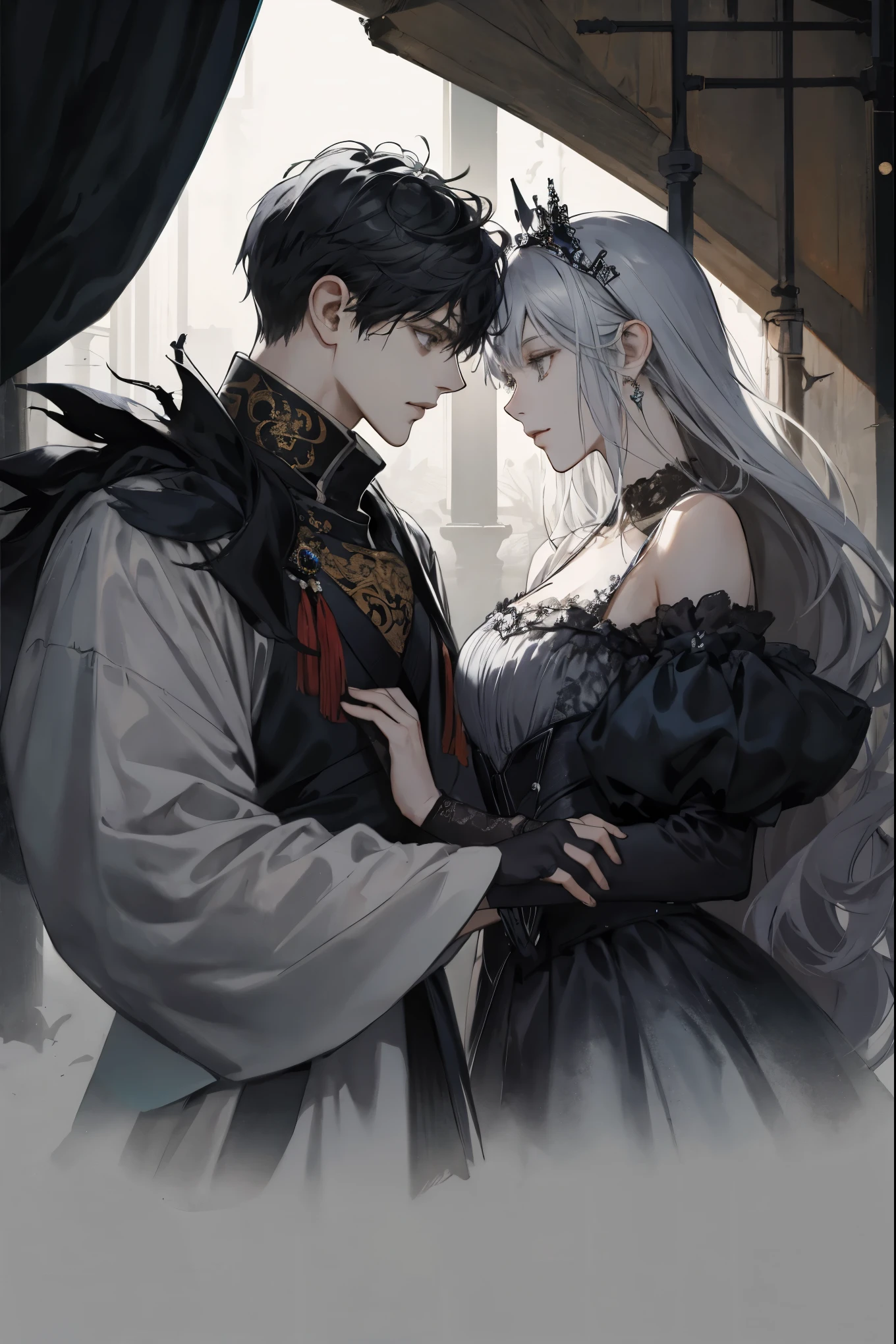Ninja couple, king and queen, gothic crown and tiaras, side by side, Grey and black, dark romantism, raw concept art, masterpiece illustration