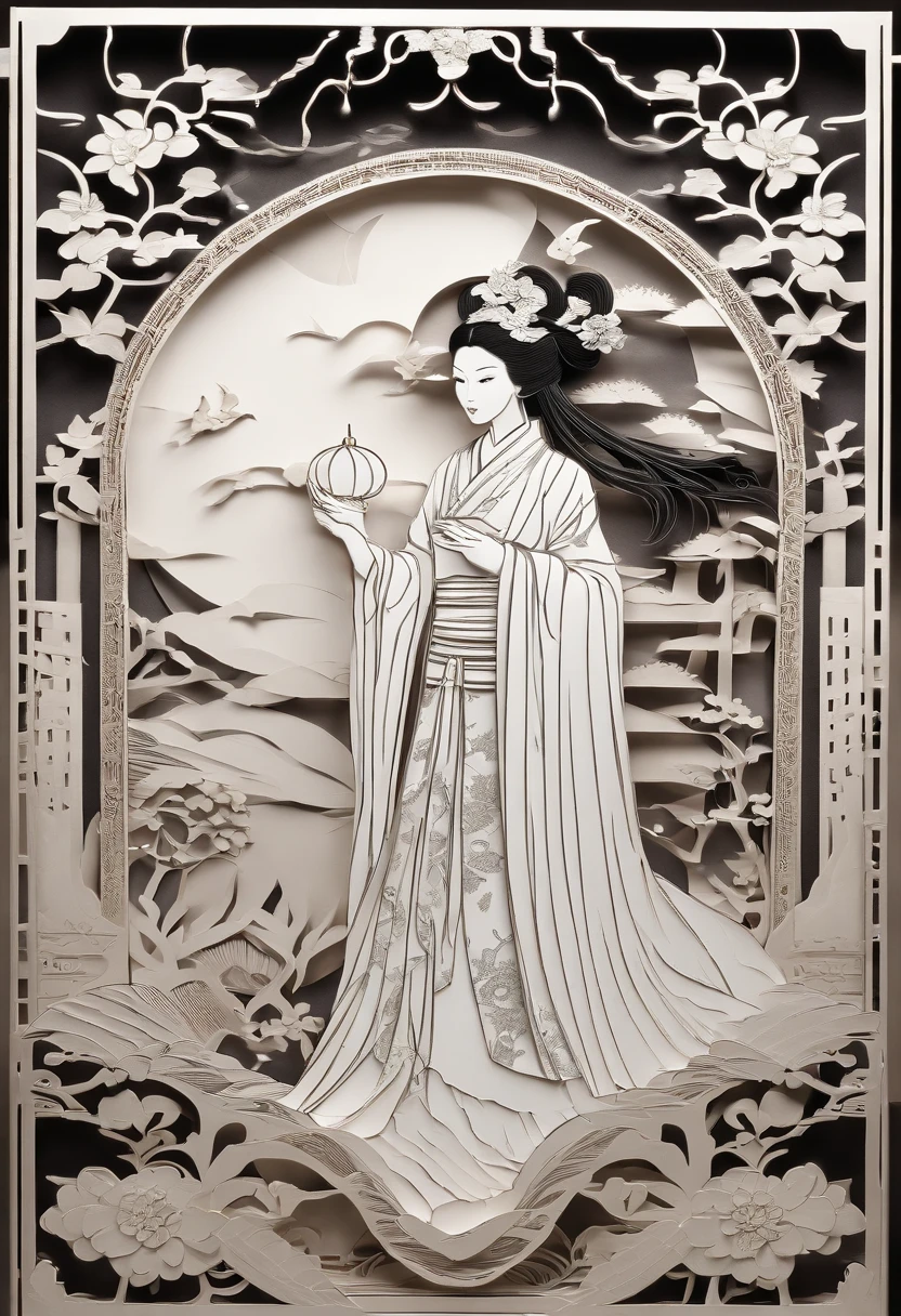 masterpiece, A Chiense woman in a hanfu, beautiful render of a fairytale, in the style of paper art, painting of beautiful, beautiful as the moon, very intricate masterpiece, painted metal, beautiful intricate masterpiece, multiple layers, Mysterious, Ancient China background, black
