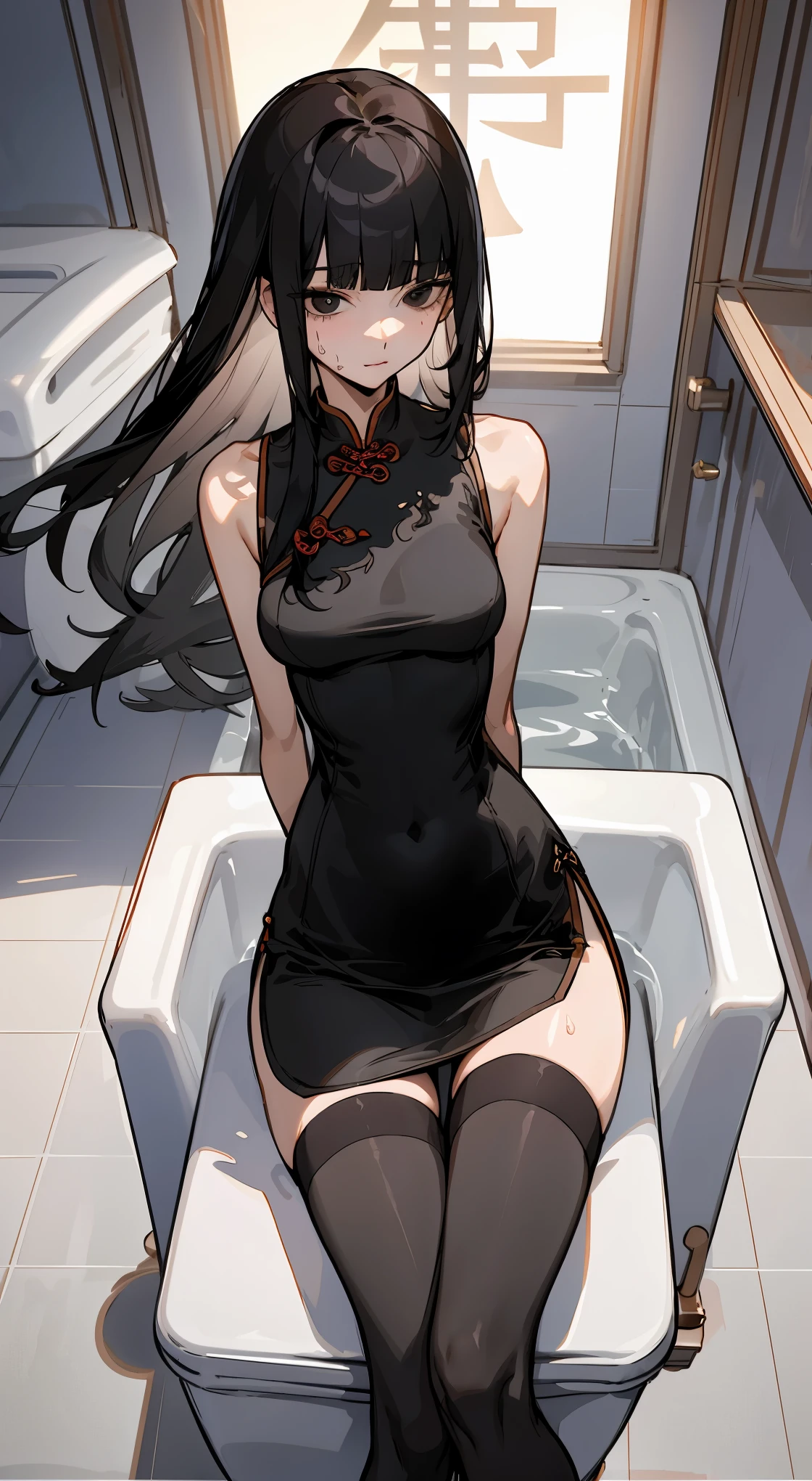 nsfw,1woman solo,20 year old beauty、black hair,long hair,blunt bangs,black eyes,shy look、slender body, ideal ratio body proportions,medium breasts,Perfect Anatomy,sitting,((spread legs :1.3,perfect black panties))、damp crotch、sweat,black cheongsam dress、sleeveless、short length and deep slit、thigh_gap, black_thighhighs,toilet seat、Luxurious toilet、party venue、luxury hotel、