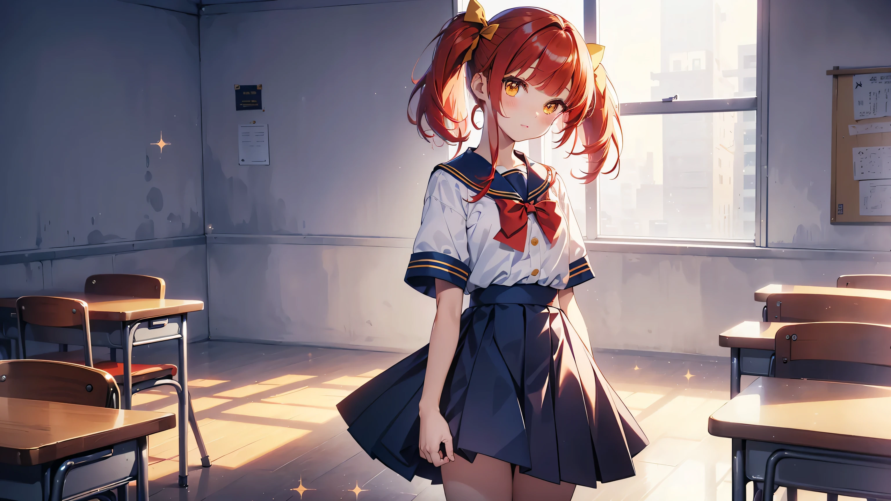 ((Calidad superior, ultra detallado, high resolution, CG extremadamente detallado, fondo de pantalla de unidad 8k, por artista famoso, perfect anatomy, super detailed skin, cinematic lighting, HD, retina, anatomically correct, 1080P)), (Por favor, draw a single happy girl walking in a school classroom. :1.3), ((1 chica)), (Solo, rostro,13歳:2.0), un estudiante de secundaria, ((cute , Chibi, babyrostro)) androgynous charm, (pelo medio, ((pelo rojo completo)) ((pelirrojo)), coletas, flequillo recto, con un lazo para el cabello con brillo) ((very thin piernas)), ((skinny piernas, cuerpo delgado, small construction)), Extremidades completas, dedos completos, ((Dedos perfectos)), pecho plano, Cuerpo , Small rear, ingle, Hermosos ojos llenos de oro amarillo detallados., ojos perfectos, uniforme escolar marinero, ((falda azul)) y blusa blanca, ((lazo rojo en la blusa)), Cuello marinero azul, mangas cortas, sin medias, (Detailed lighting), (antecedentes detallados), (en la zona escolar), vista de cuerpo completo, ((de pie)), piernas. lindo, chica soltera kawaii (una chica), Toma de cuerpo completo. El fondo es la escuela., cuerpo delantero, ((mano izquierda arriba, mano derecha abajo))